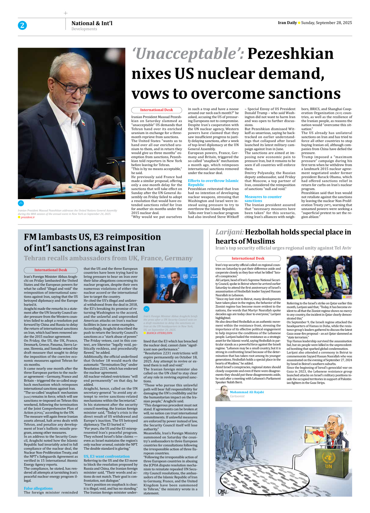 Iran Daily - Number Seven Thousand Nine Hundred and Thirty Seven - 28 September 2025 - Page 2