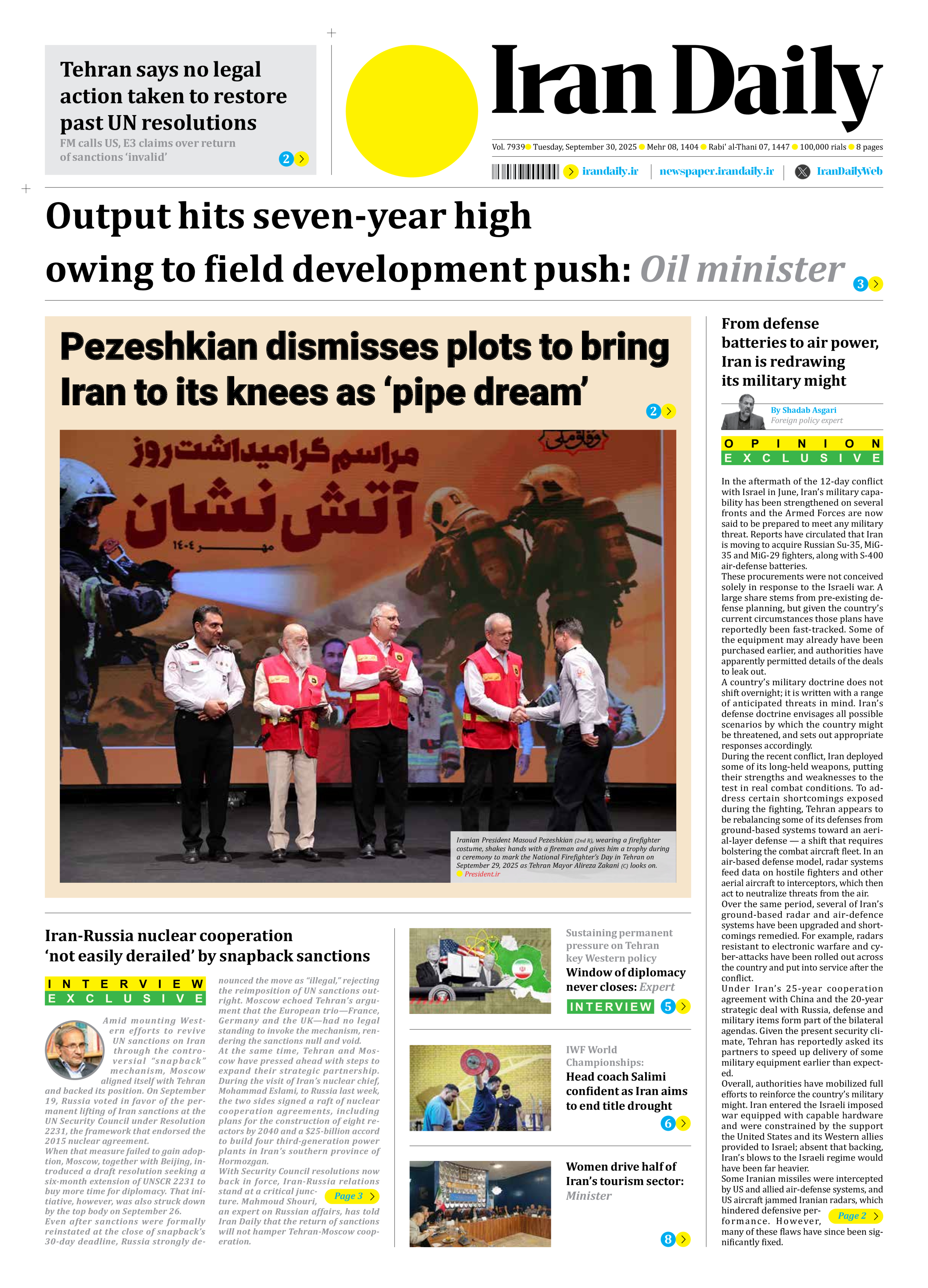 Iran Daily - Number Seven Thousand Nine Hundred and Thirty Nine - 30 September 2025 - Page 1