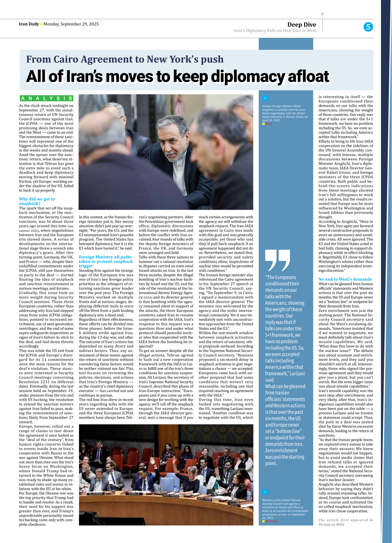 Iran Daily - Number Seven Thousand Nine Hundred and Thirty Eight - 29 September 2025 - Page 5