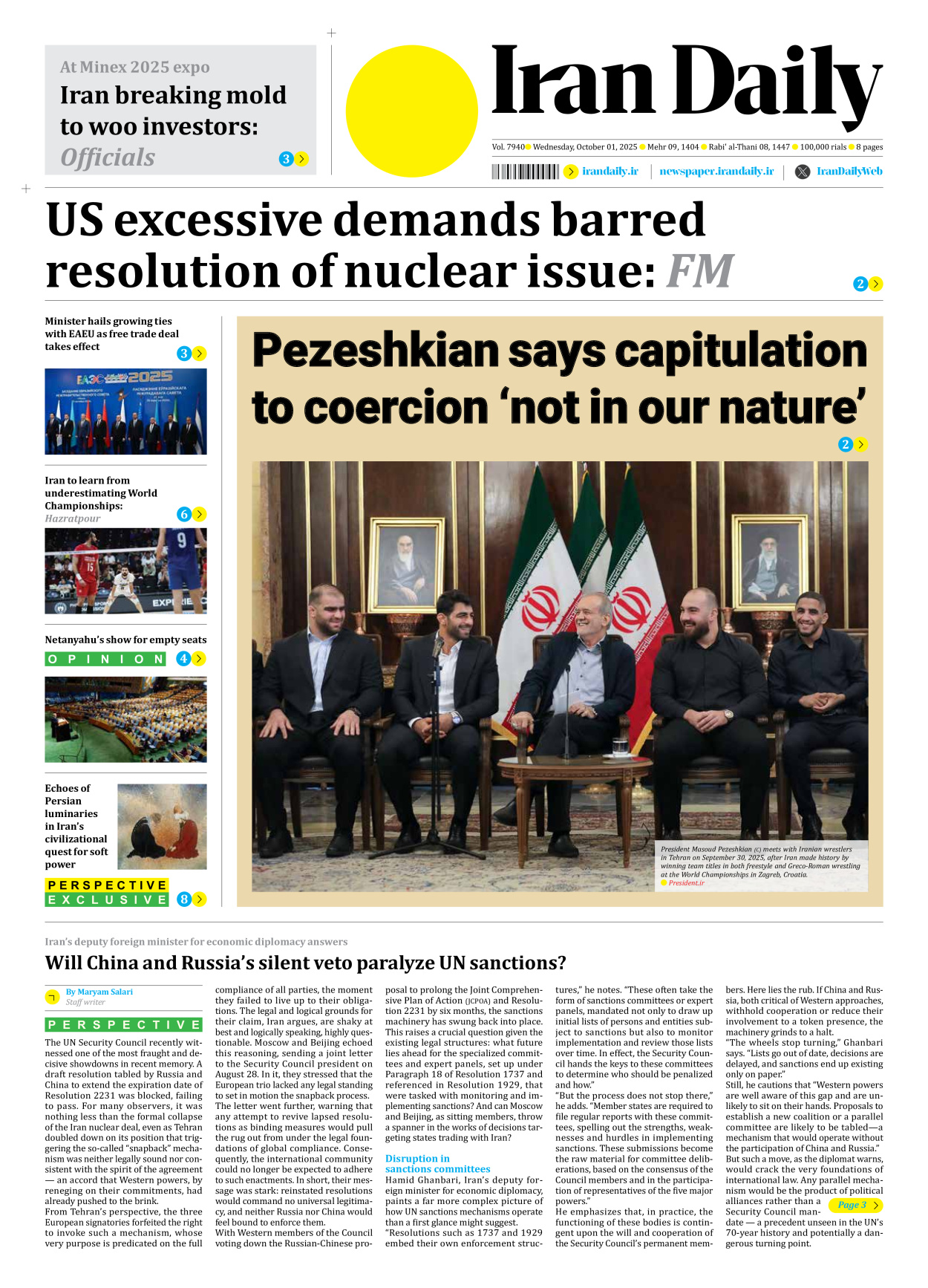 Iran Daily - Number Seven Thousand Nine Hundred and Forty - 01 October 2025