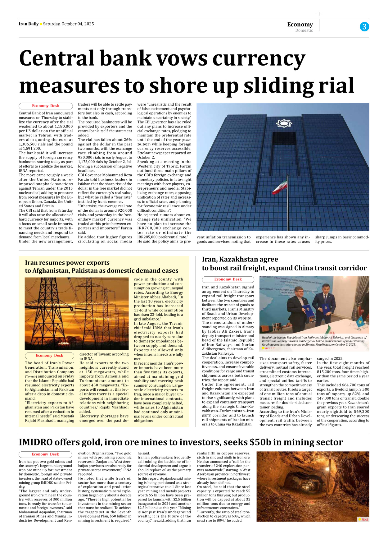Iran Daily - Number Seven Thousand Nine Hundred and Forty Two - 04 October 2025 - Page 3