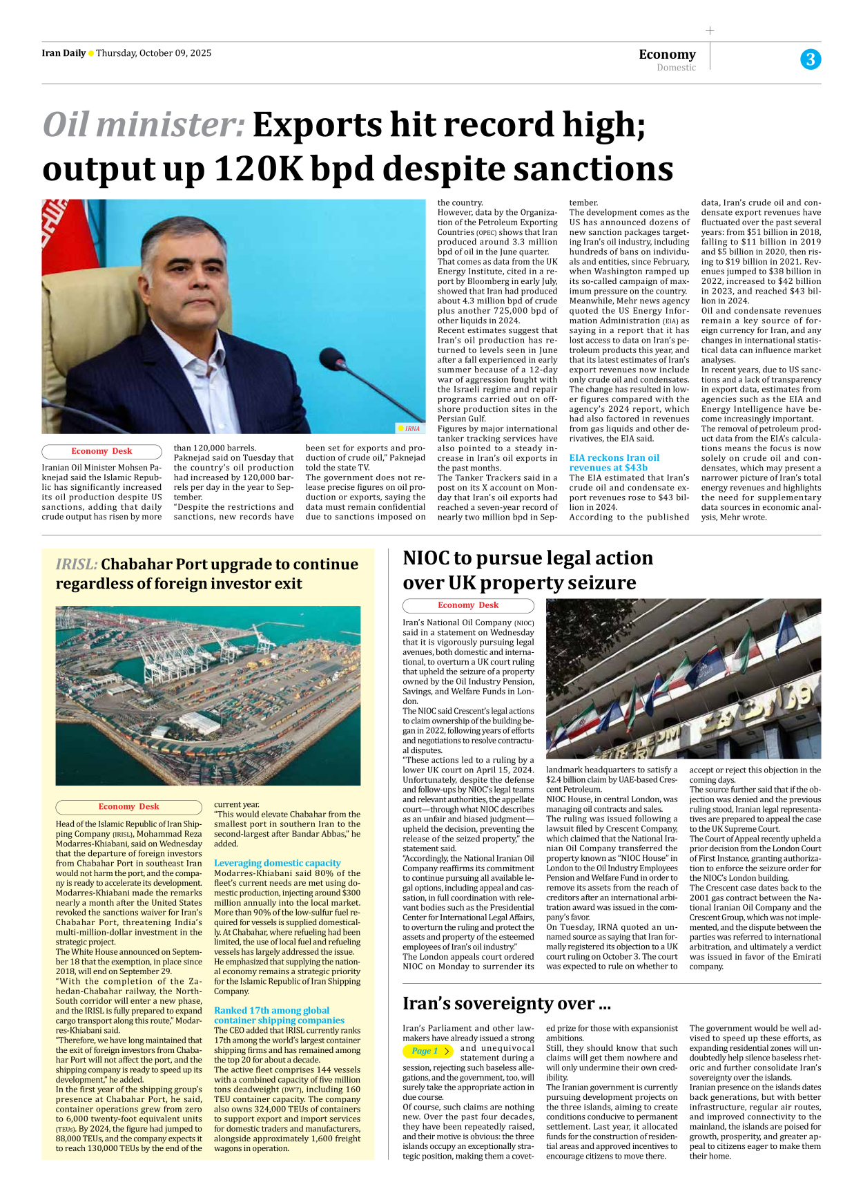 Iran Daily - Number Seven Thousand Nine Hundred and Forty Seven - 09 October 2025 - Page 3