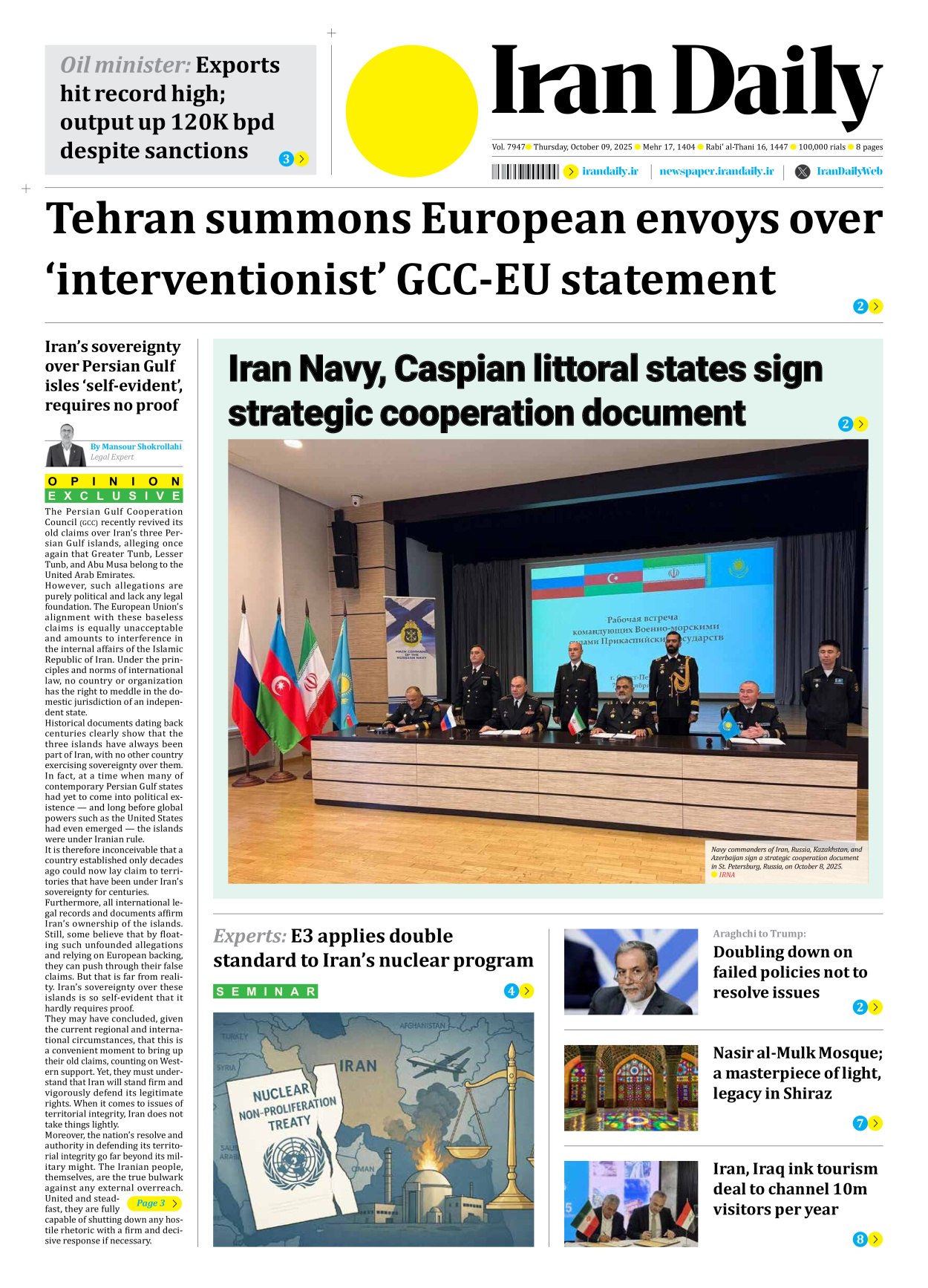 Iran Daily - Number Seven Thousand Nine Hundred and Forty Seven - 09 October 2025