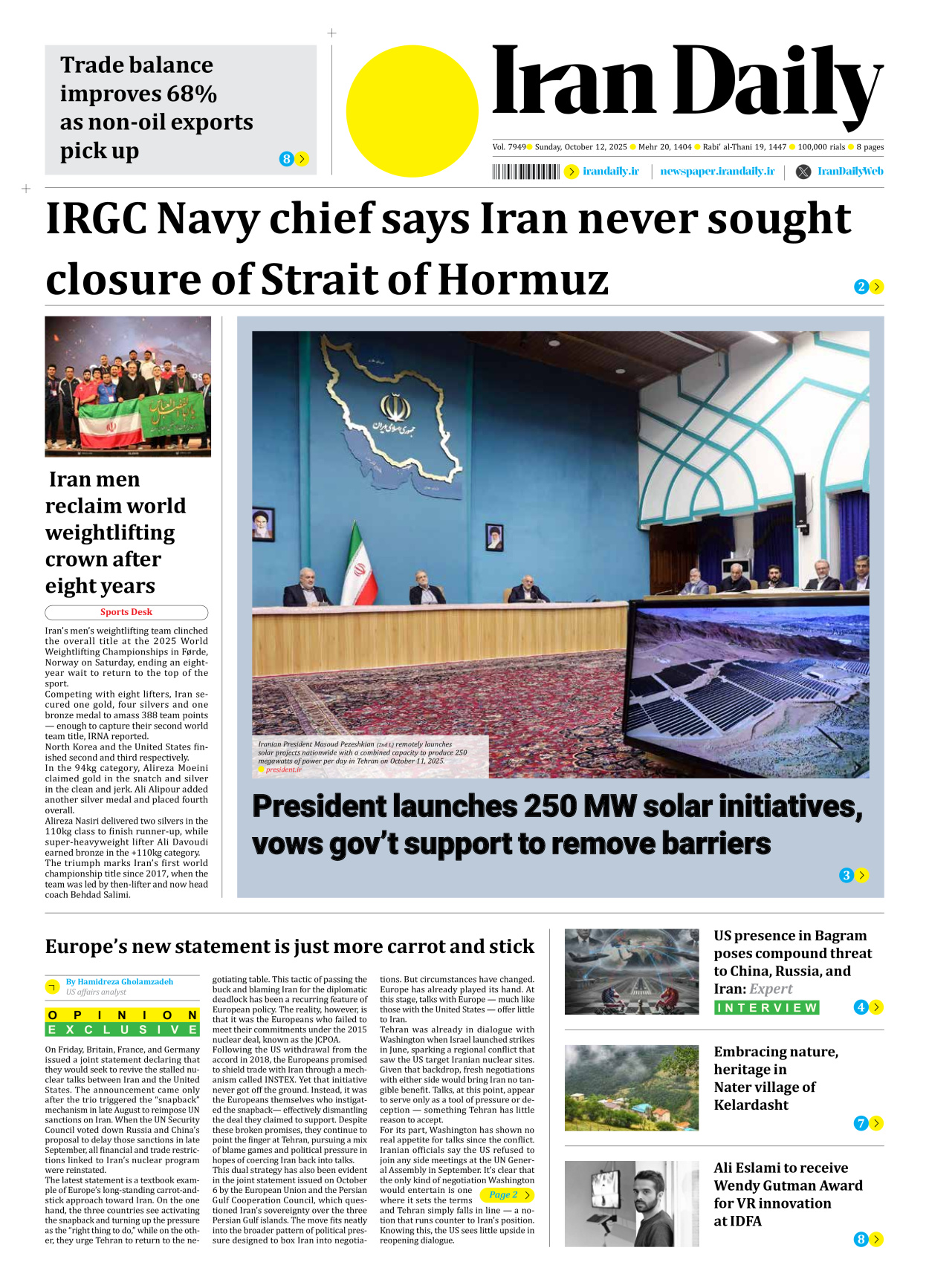 Iran Daily - Number Seven Thousand Nine Hundred and Forty Nine - 12 October 2025
