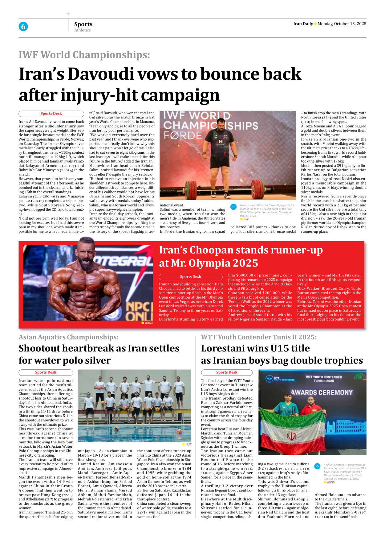 Iran Daily - Number Seven Thousand Nine Hundred and Fifty - 13 October 2025 - Page 6