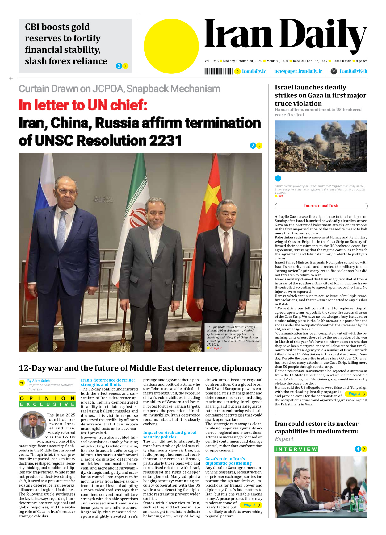 Iran Daily - Number Seven Thousand Nine Hundred and Fifty Six - 20 October 2025