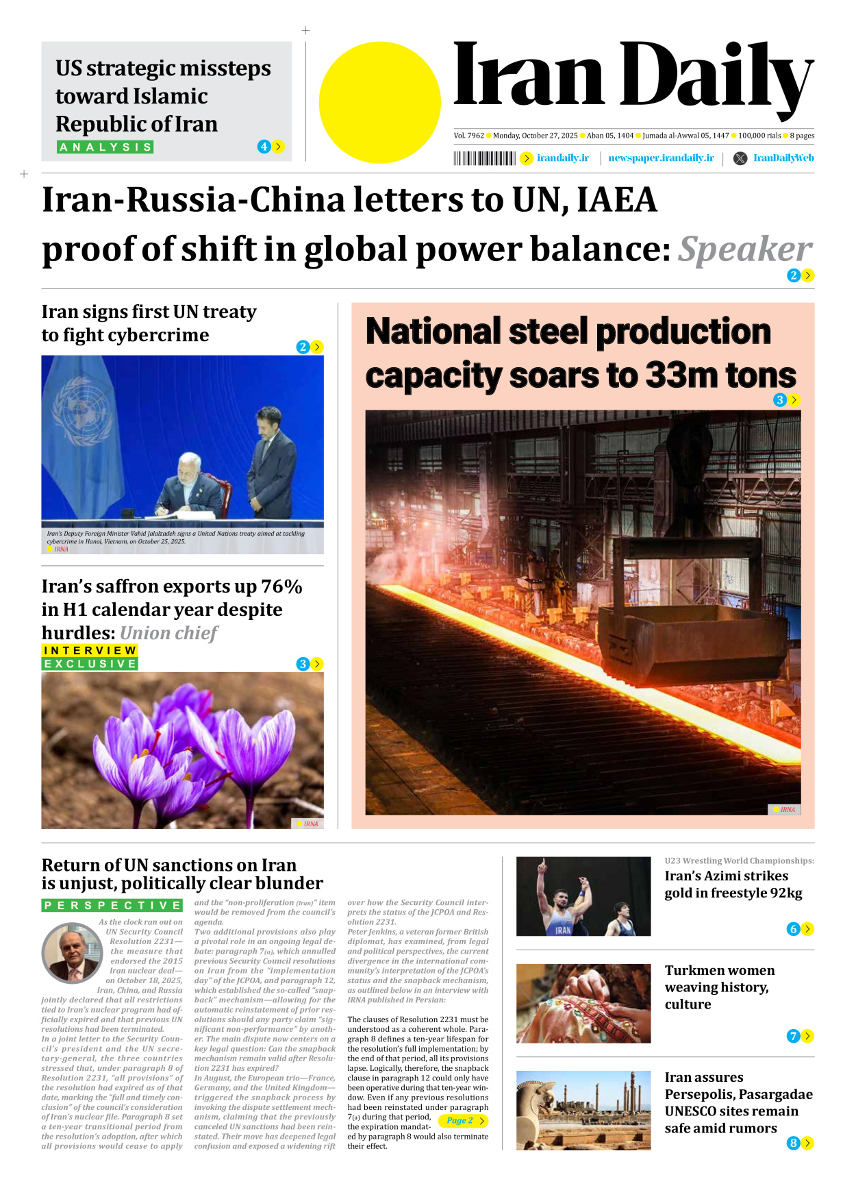 Iran Daily - Number Seven Thousand Nine Hundred and Sixty Two - 27 October 2025