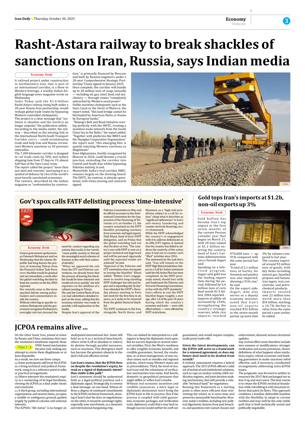 Iran Daily - Number Seven Thousand Nine Hundred and Sixty Five - 30 October 2025 - Page 3