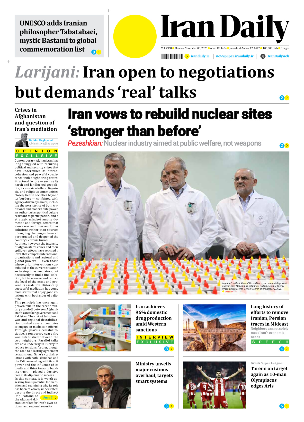 Iran Daily - Number Seven Thousand Nine Hundred and Sixty Eight - 03 November 2025
