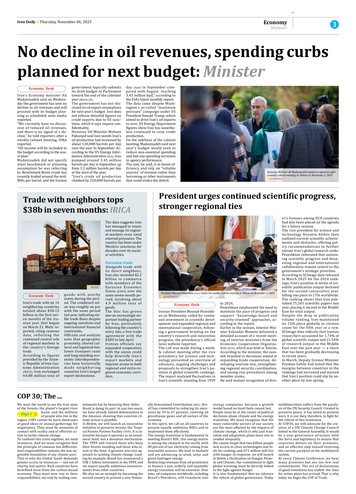 Iran Daily - Number Seven Thousand Nine Hundred and Seventy One - 06 November 2025 - Page 3