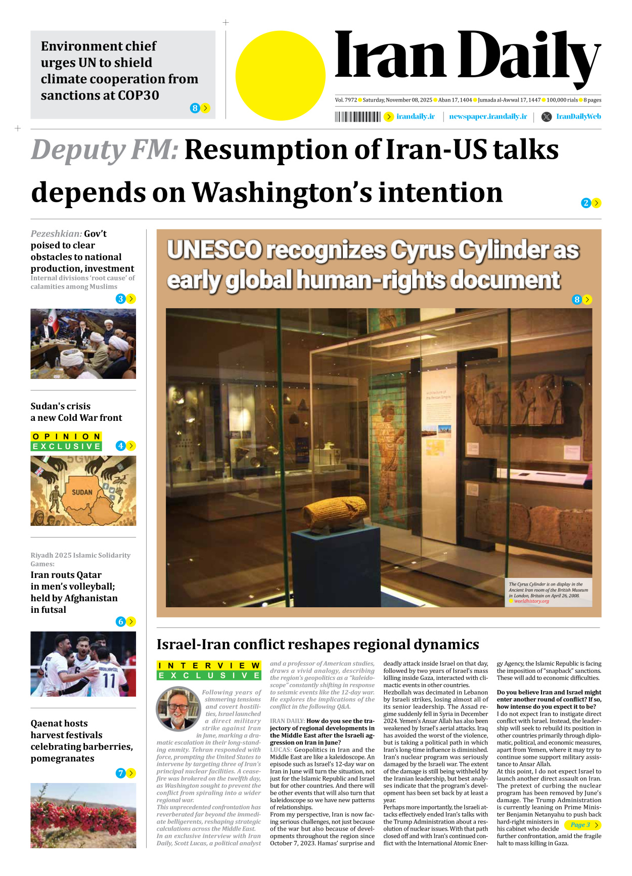 Iran Daily - Number Seven Thousand Nine Hundred and Seventy Two - 08 November 2025