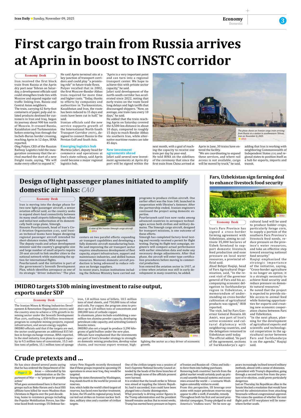 Iran Daily - Number Seven Thousand Nine Hundred and Seventy Three - 09 November 2025 - Page 3