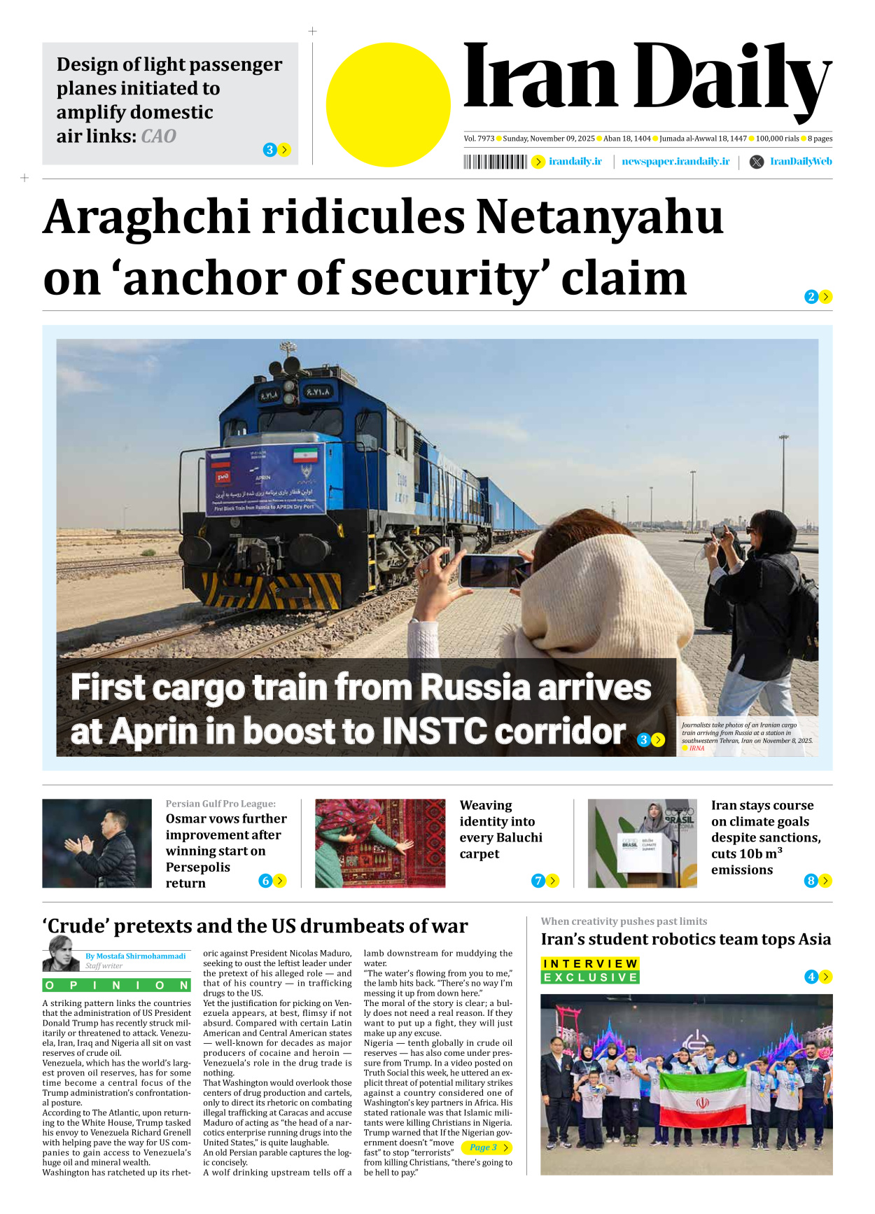 Iran Daily - Number Seven Thousand Nine Hundred and Seventy Three - 09 November 2025