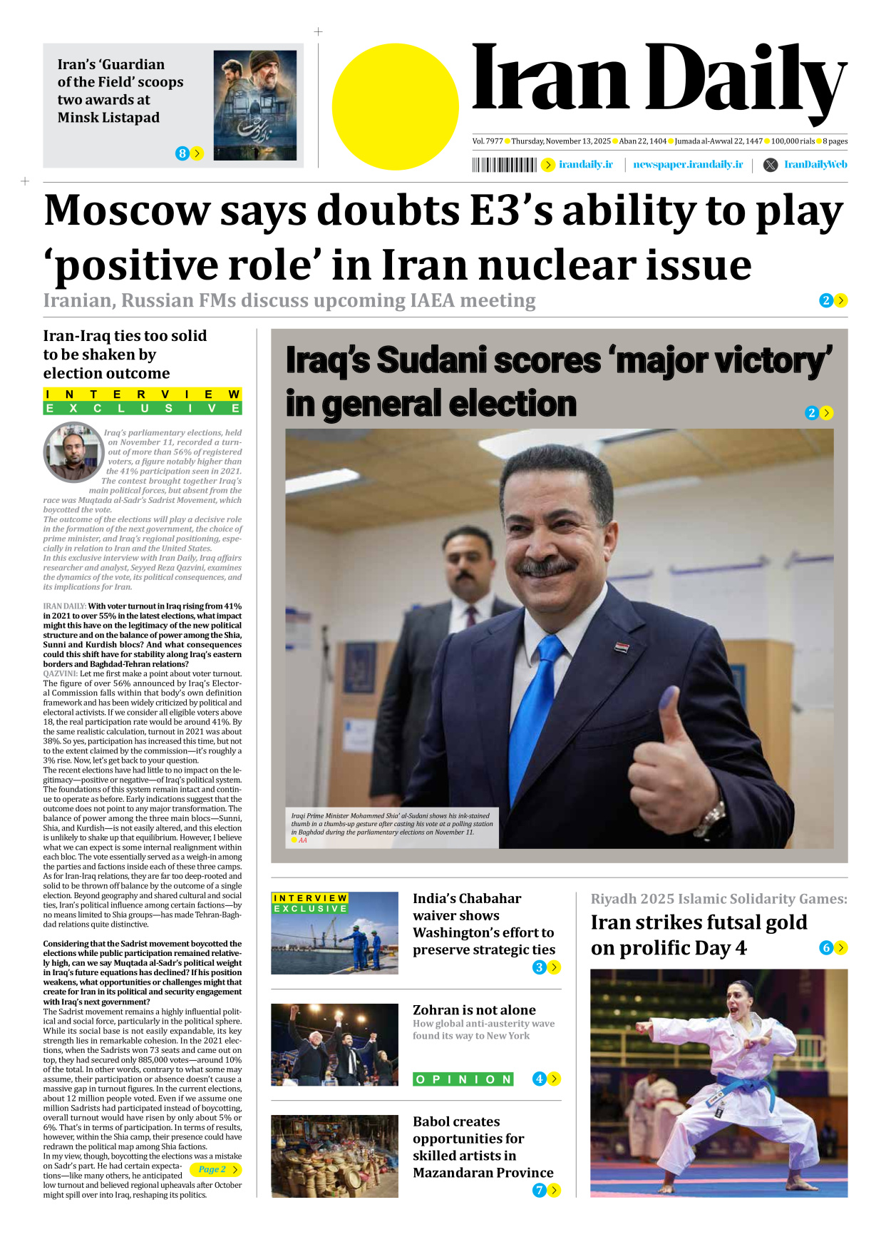 Iran Daily - Number Seven Thousand Nine Hundred and Seventy Seven - 13 November 2025