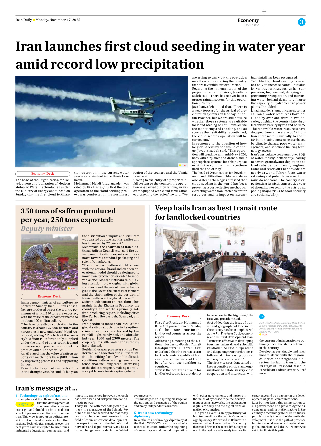 Iran Daily - Number Seven Thousand Nine Hundred and Eighty - 17 November 2025 - Page 3