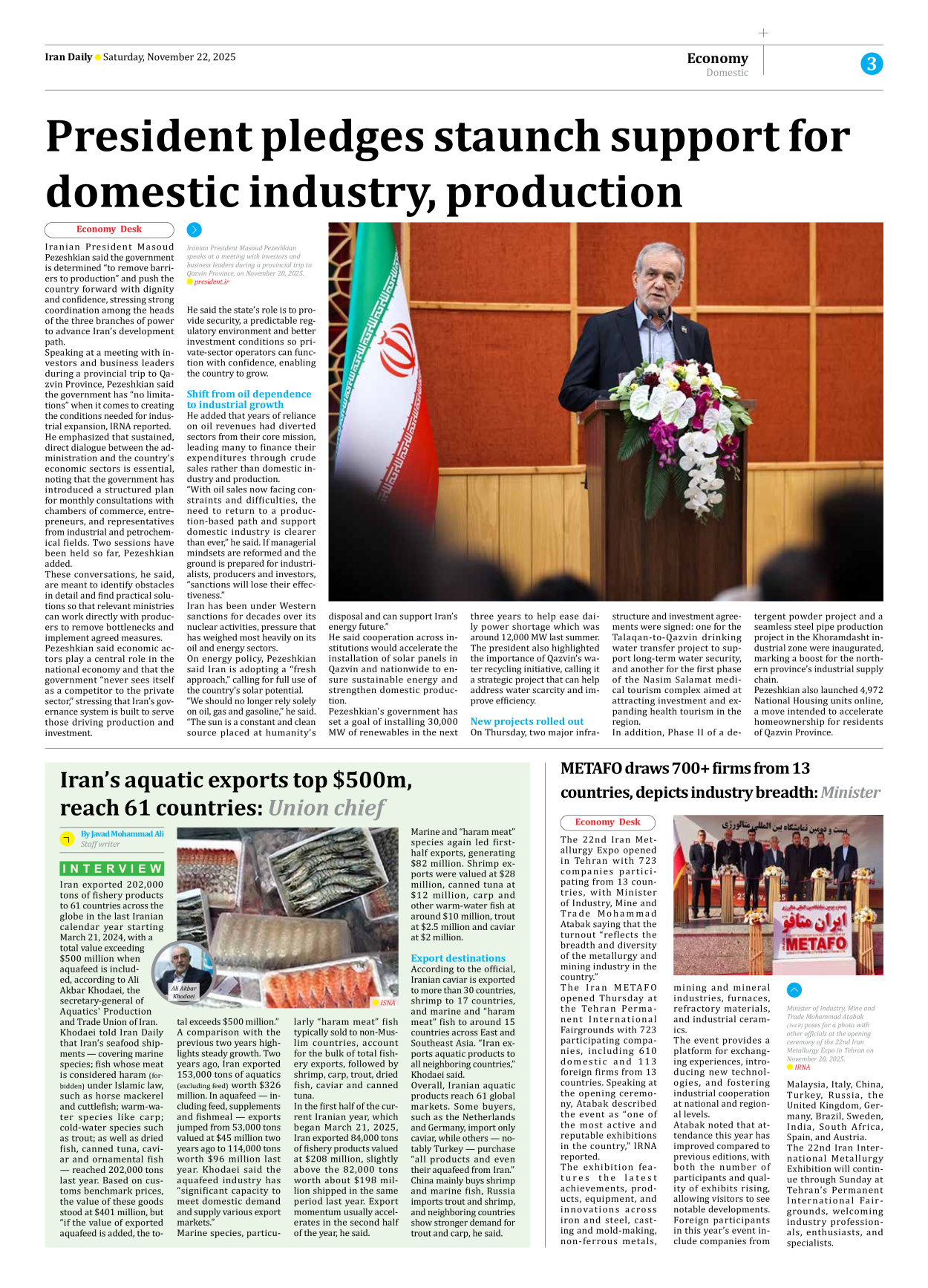 Iran Daily - Number Seven Thousand Nine Hundred and Eighty Four - 22 November 2025 - Page 3