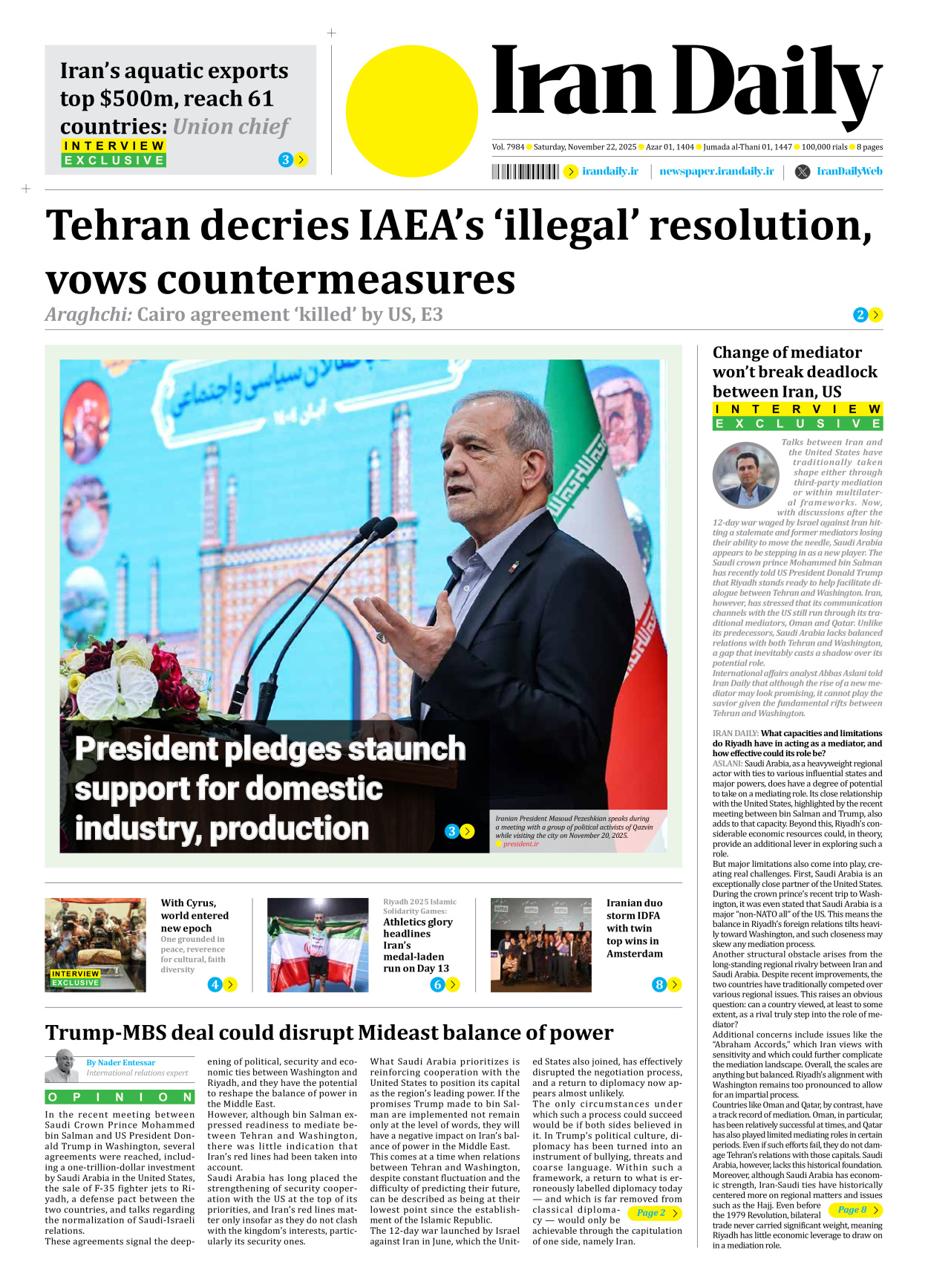 Iran Daily - Number Seven Thousand Nine Hundred and Eighty Four - 22 November 2025