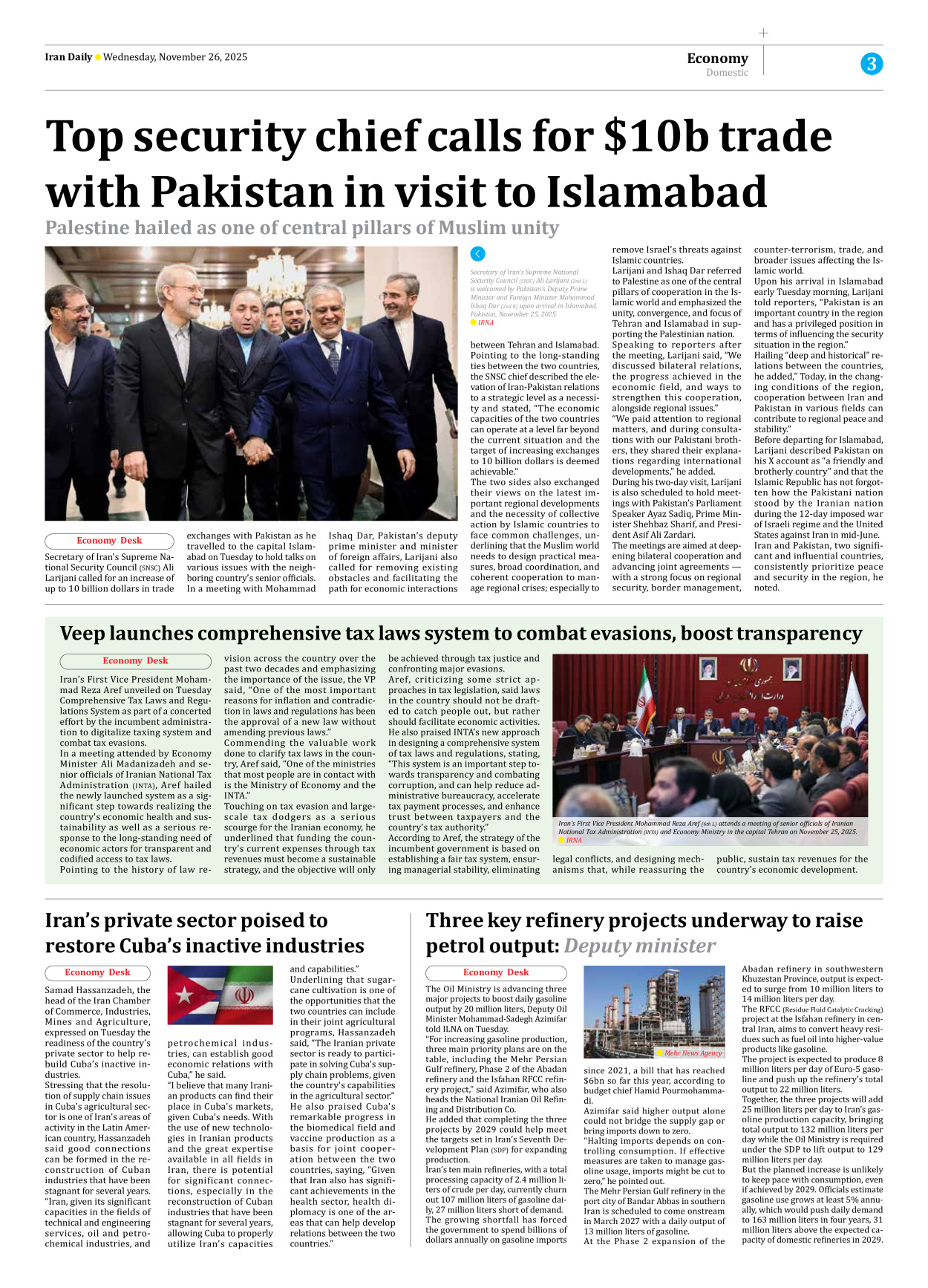 Iran Daily - Number Seven Thousand Nine Hundred and Eighty Seven - 26 November 2025 - Page 3