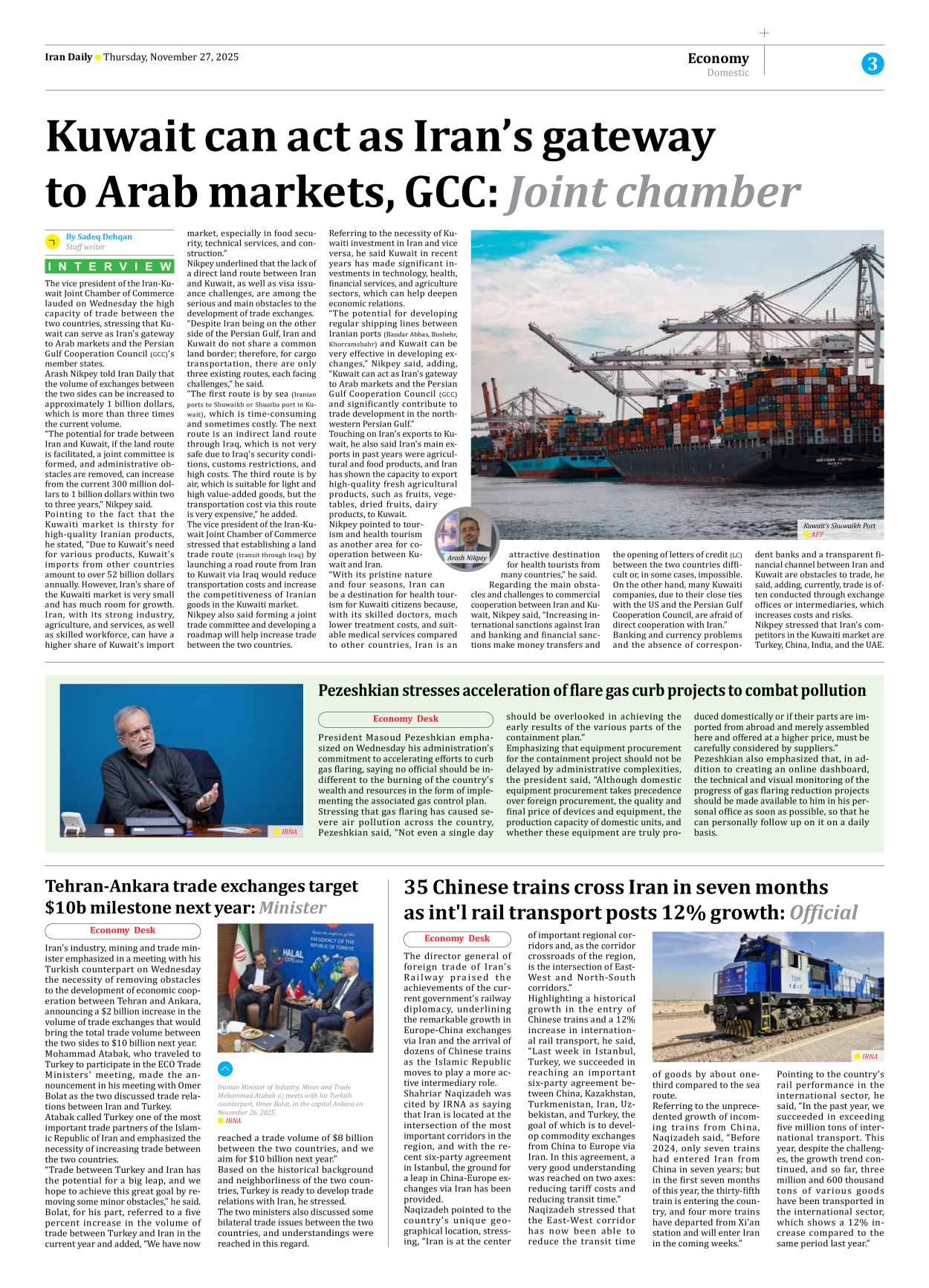 Iran Daily - Number Seven Thousand Nine Hundred and Eighty Eight - 27 November 2025 - Page 3