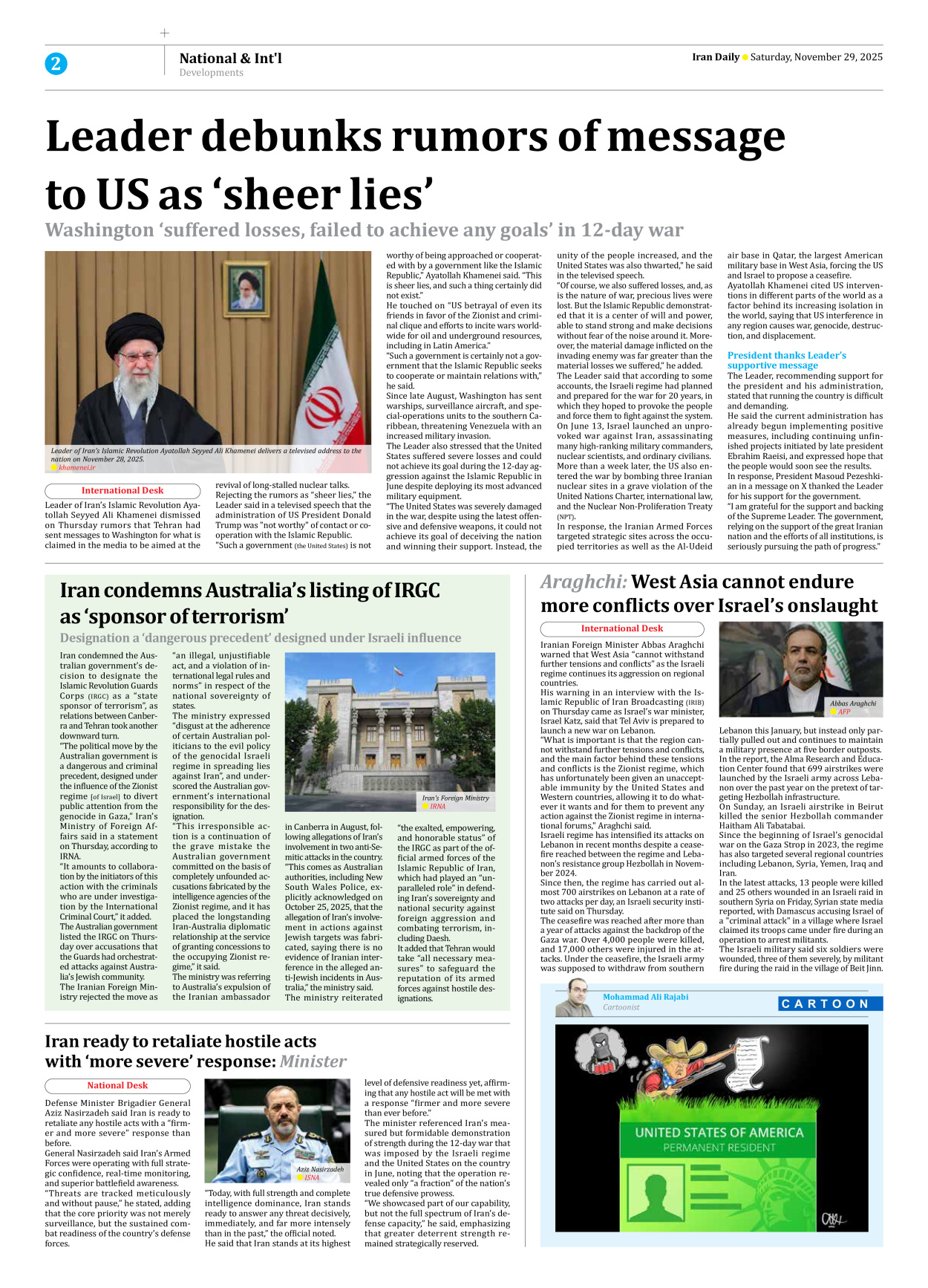 Iran Daily - Number Seven Thousand Nine Hundred and Eighty Nine - 29 November 2025 - Page 2