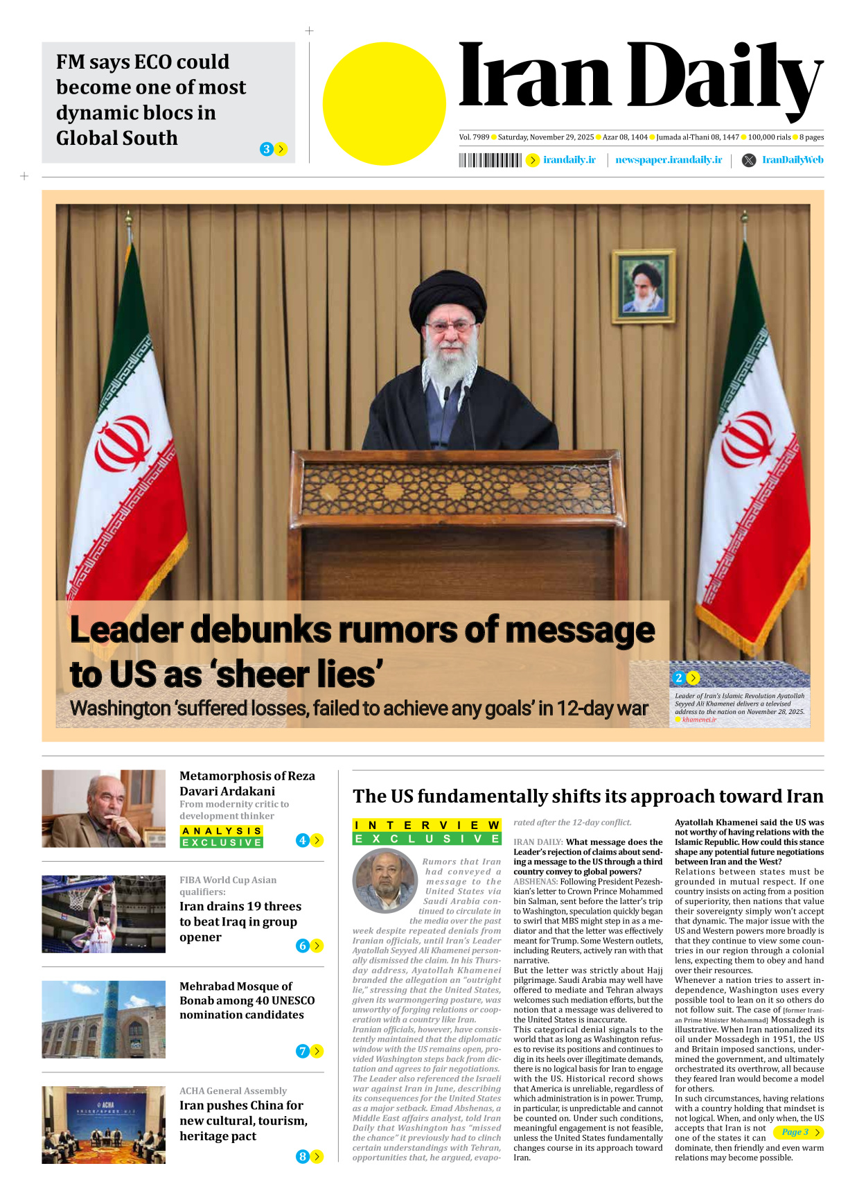 Iran Daily - Number Seven Thousand Nine Hundred and Eighty Nine - 29 November 2025