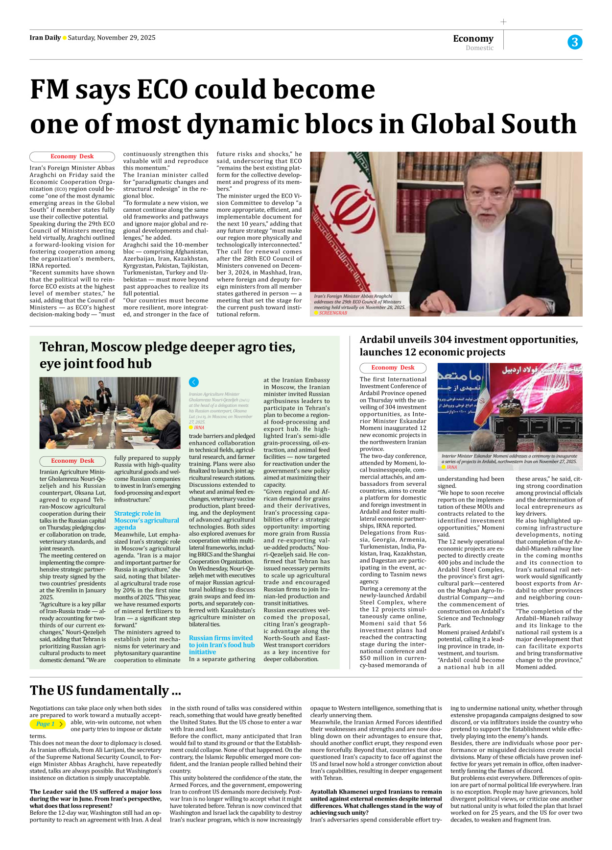 Iran Daily - Number Seven Thousand Nine Hundred and Eighty Nine - 29 November 2025 - Page 3