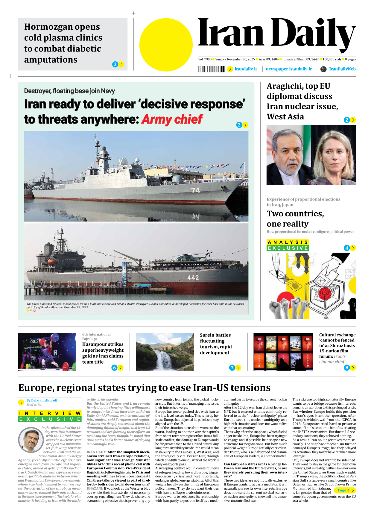 Iran Daily - Number Seven Thousand Nine Hundred and Ninety - 30 November 2025