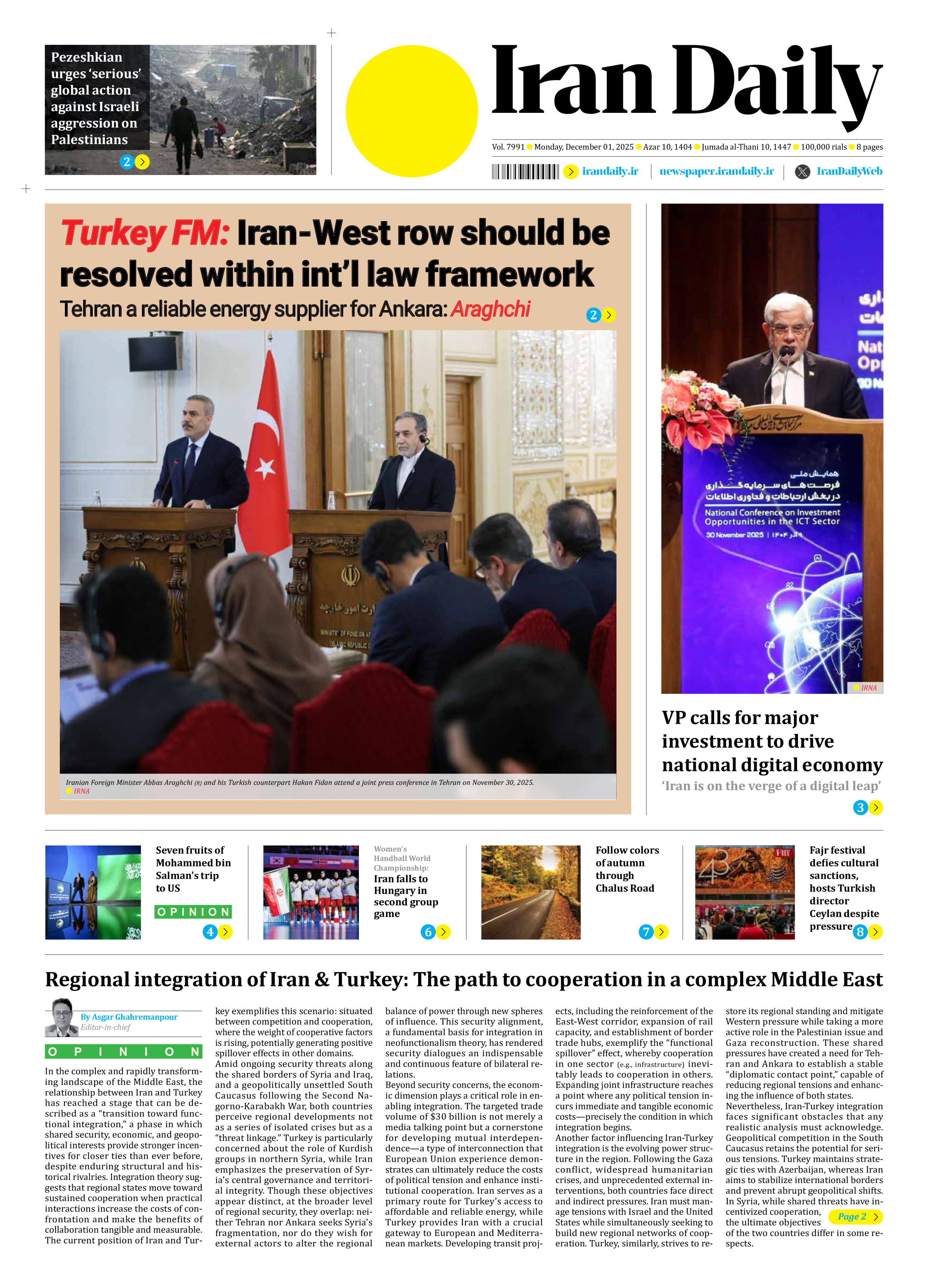 Iran Daily - Number Seven Thousand Nine Hundred and Ninety One - 01 December 2025 - Page 1