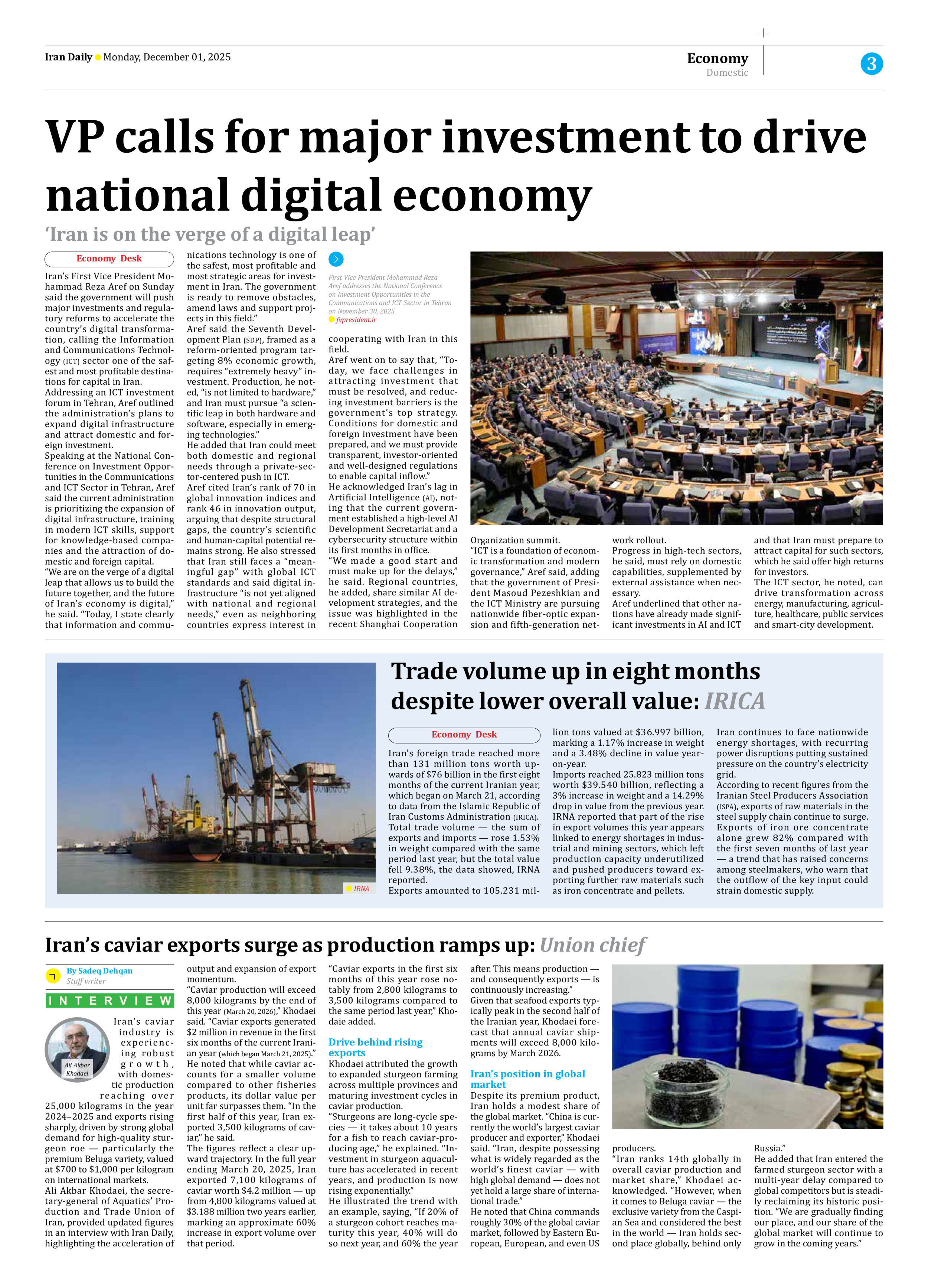 Iran Daily - Number Seven Thousand Nine Hundred and Ninety One - 01 December 2025 - Page 3