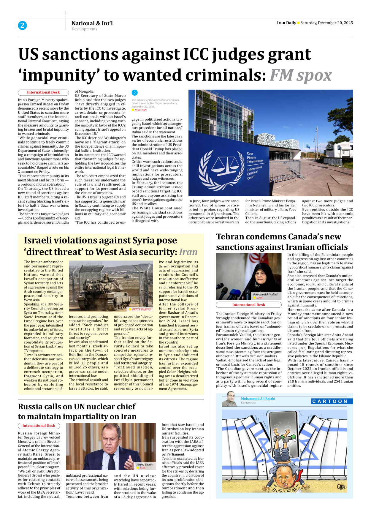 Iran Daily - Number Eight Thousand Seven - 20 December 2025 - Page 2