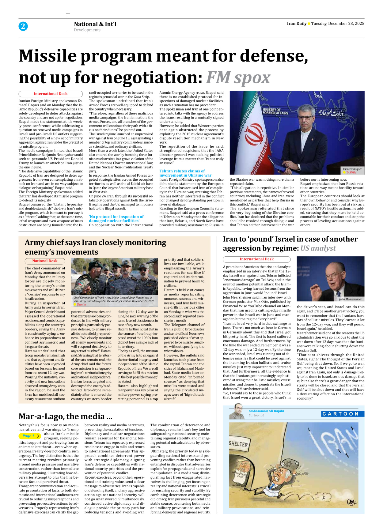 Iran Daily - Number Eight Thousand Ten - 23 December 2025 - Page 2