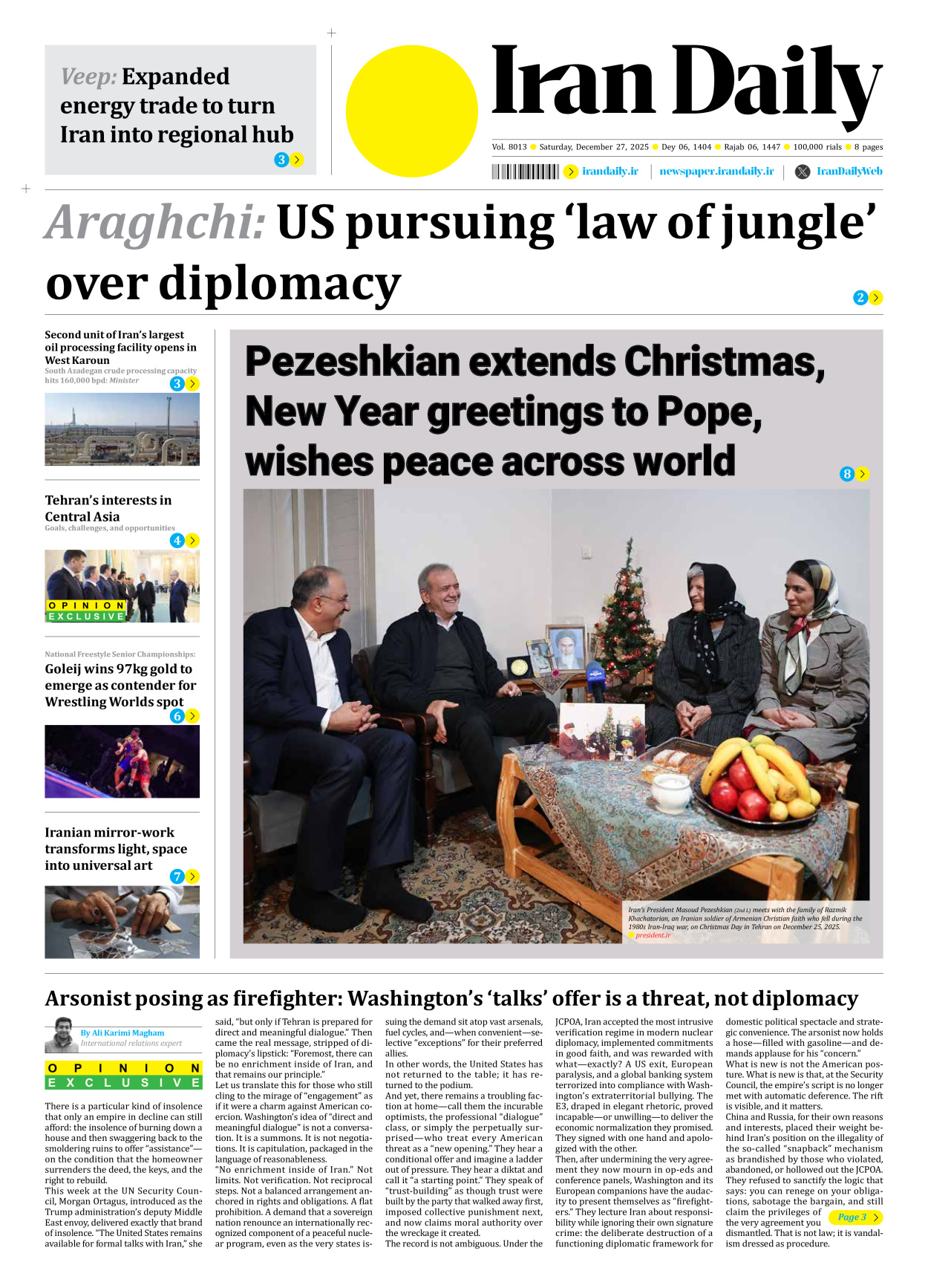 Iran Daily - Number Eight Thousand Thirteen - 27 December 2025