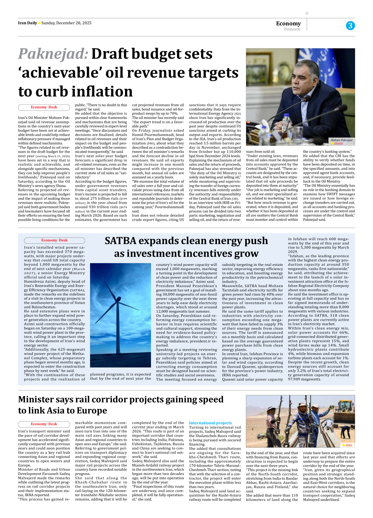 Iran Daily - Number Eight Thousand Fourteen - 28 December 2025 - Page 3