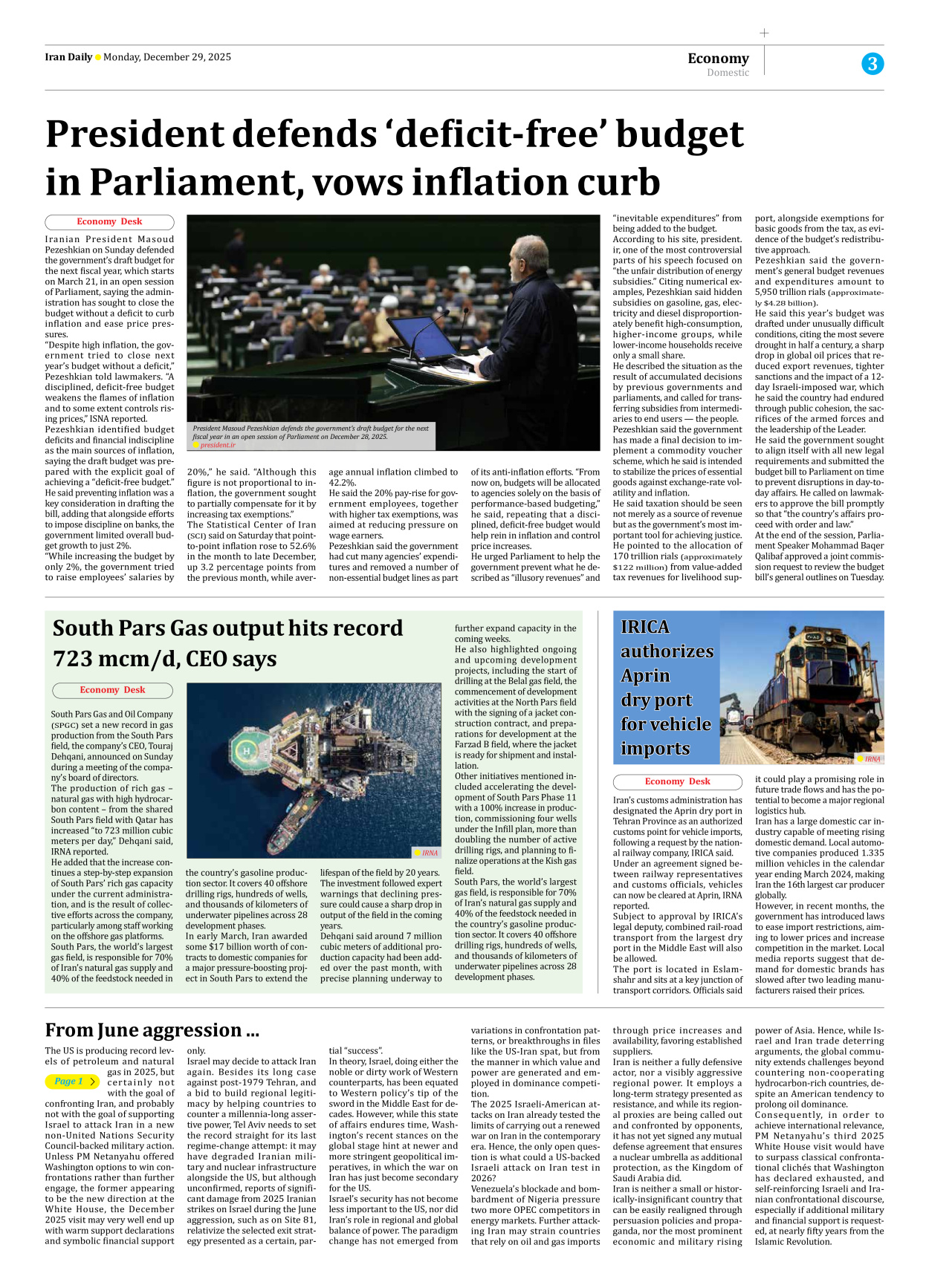 Iran Daily - Number Eight Thousand Fifteen - 29 December 2025 - Page 3