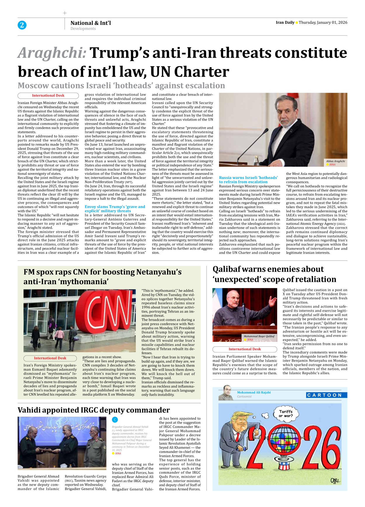 Iran Daily - Number Eight Thousand Eighteen - 01 January 2026 - Page 2