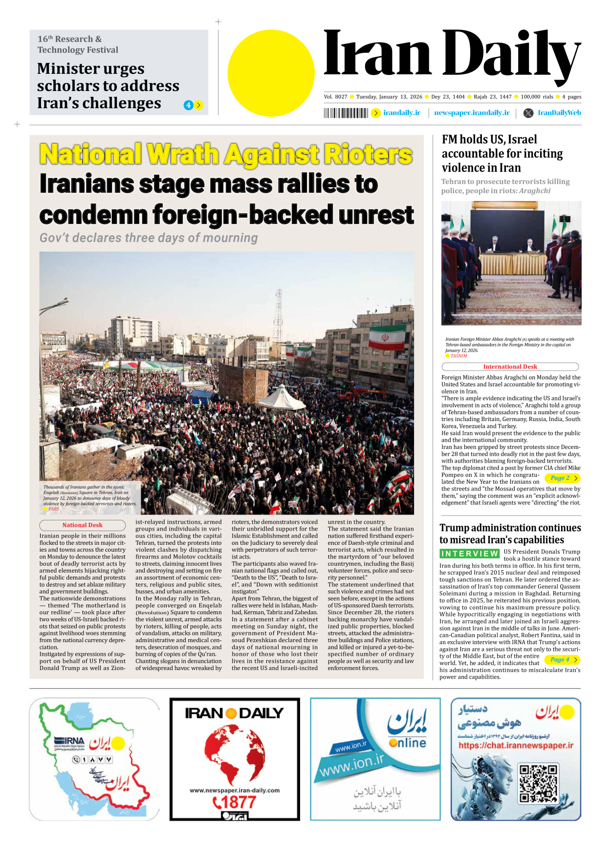 Iran Daily - Number Eight Thousand Twenty Seven - 13 January 2026