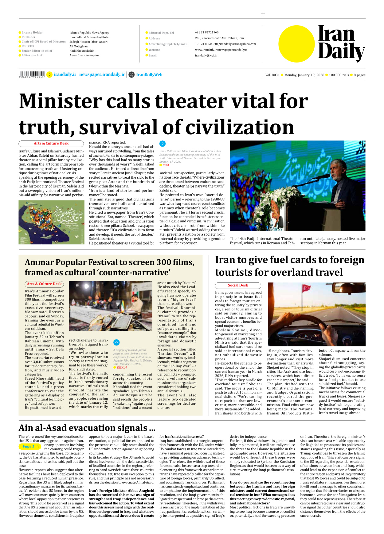 Iran Daily - Number Eight Thousand Thirty One - 19 January 2026 - Page 8