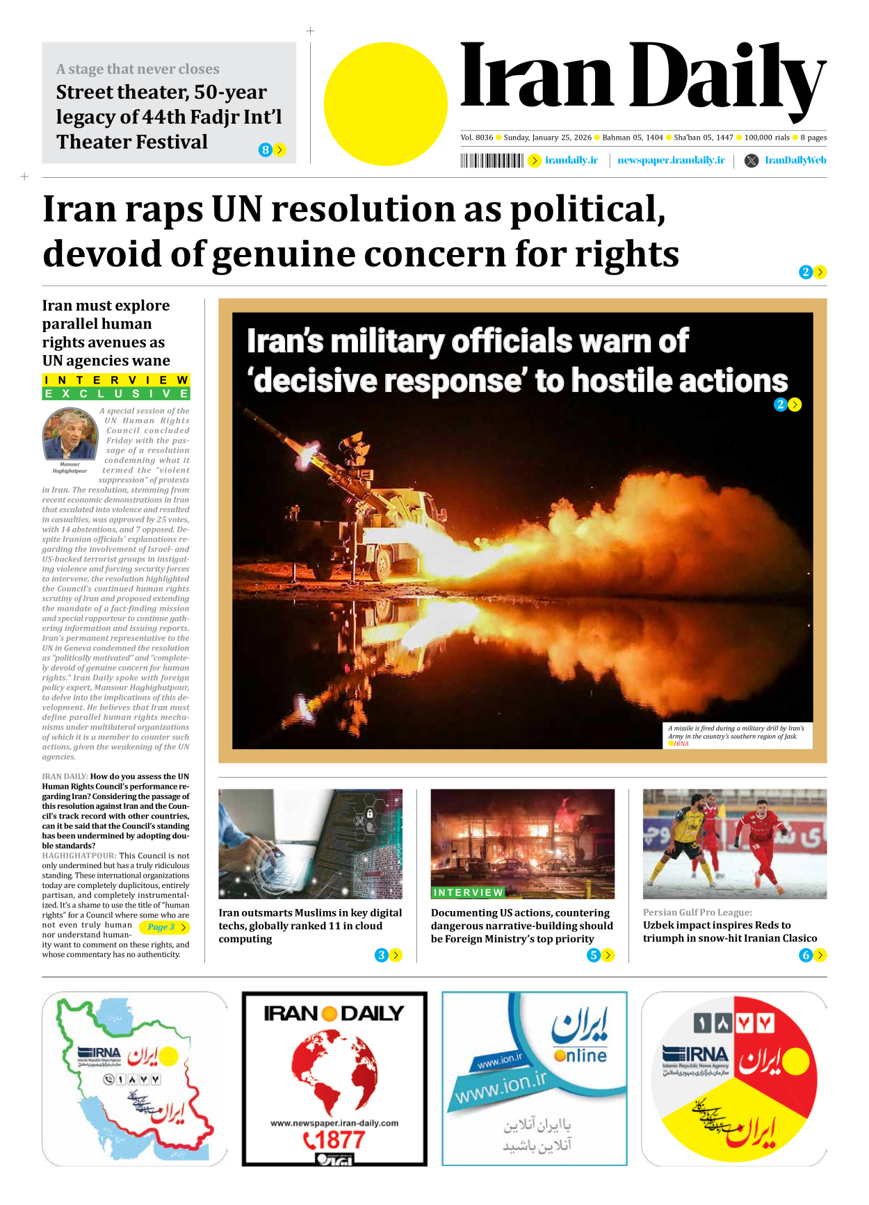 Iran Daily - Number Eight Thousand Thirty Six - 25 January 2026