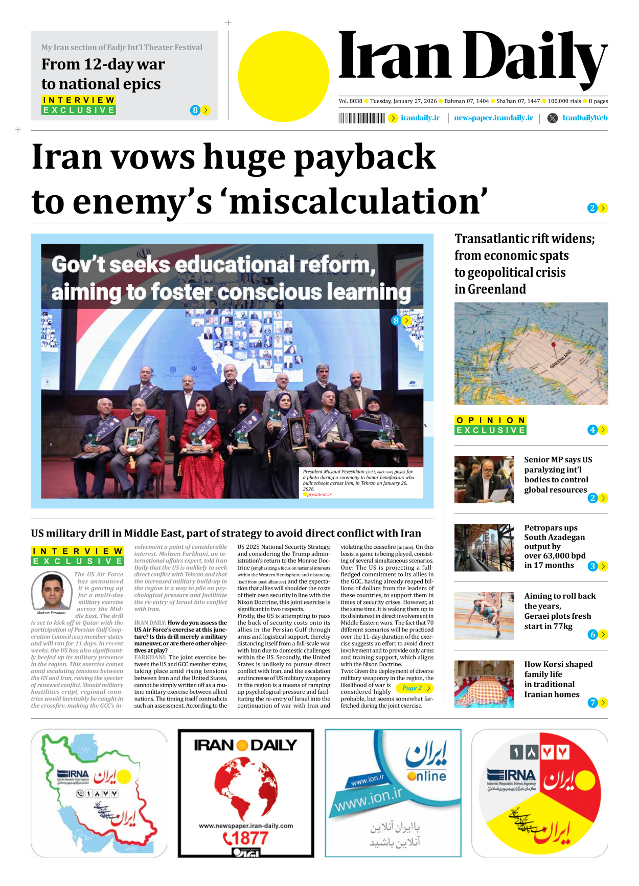 Iran Daily - Number Eight Thousand Thirty Eight - 27 January 2026