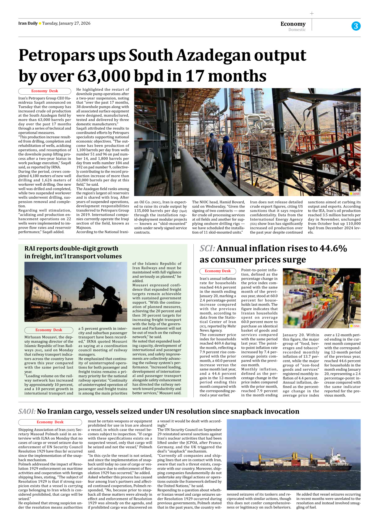 Iran Daily - Number Eight Thousand Thirty Eight - 27 January 2026 - Page 3