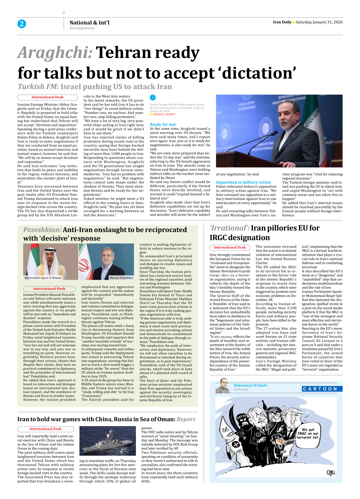 Iran Daily - Number Eight Thousand Forty One - 31 January 2026 - Page 2