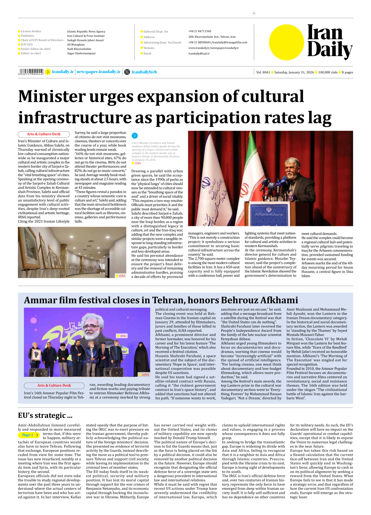 Iran Daily - Number Eight Thousand Forty One - 31 January 2026 - Page 8
