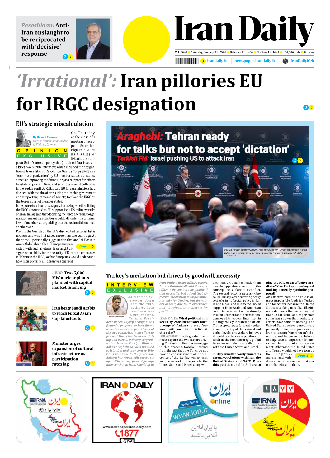 Iran Daily - Number Eight Thousand Forty One - 31 January 2026