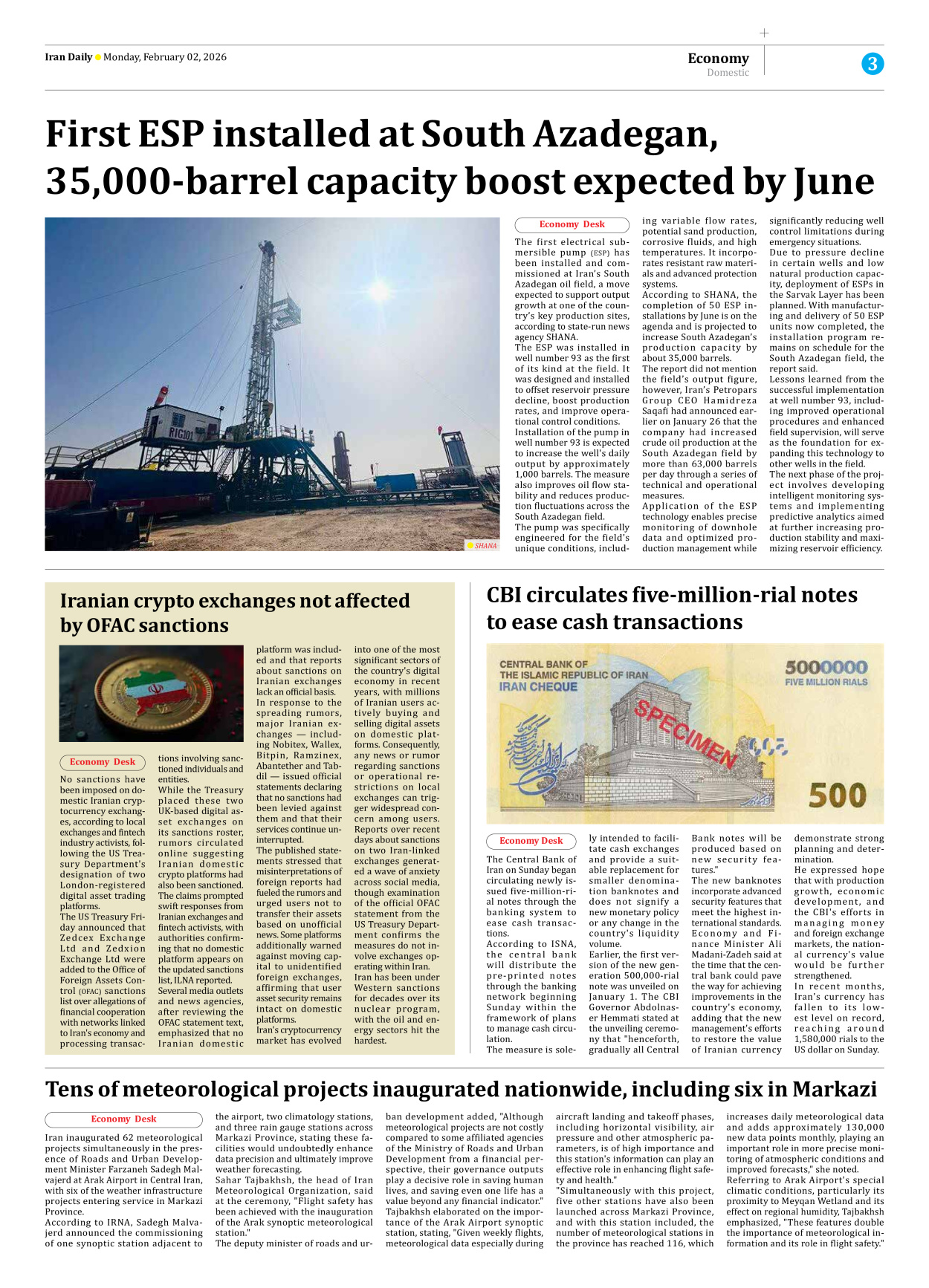 Iran Daily - Number Eight Thousand Forty Three - 02 February 2026 - Page 3