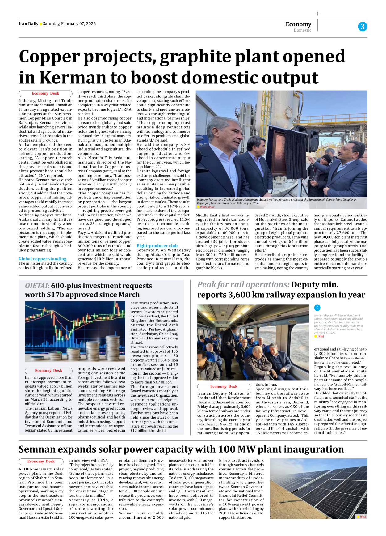 Iran Daily - Number Eight Thousand Forty Five - 07 February 2026 - Page 3