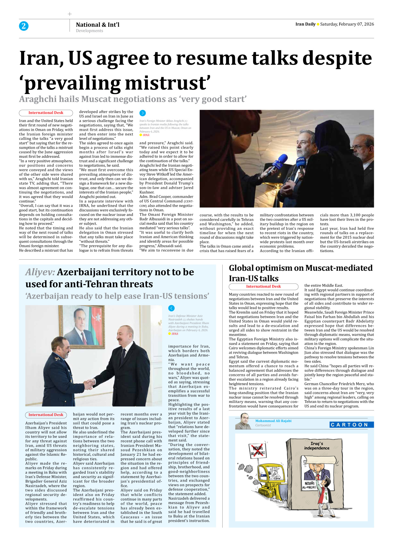 Iran Daily - Number Eight Thousand Forty Five - 07 February 2026 - Page 2