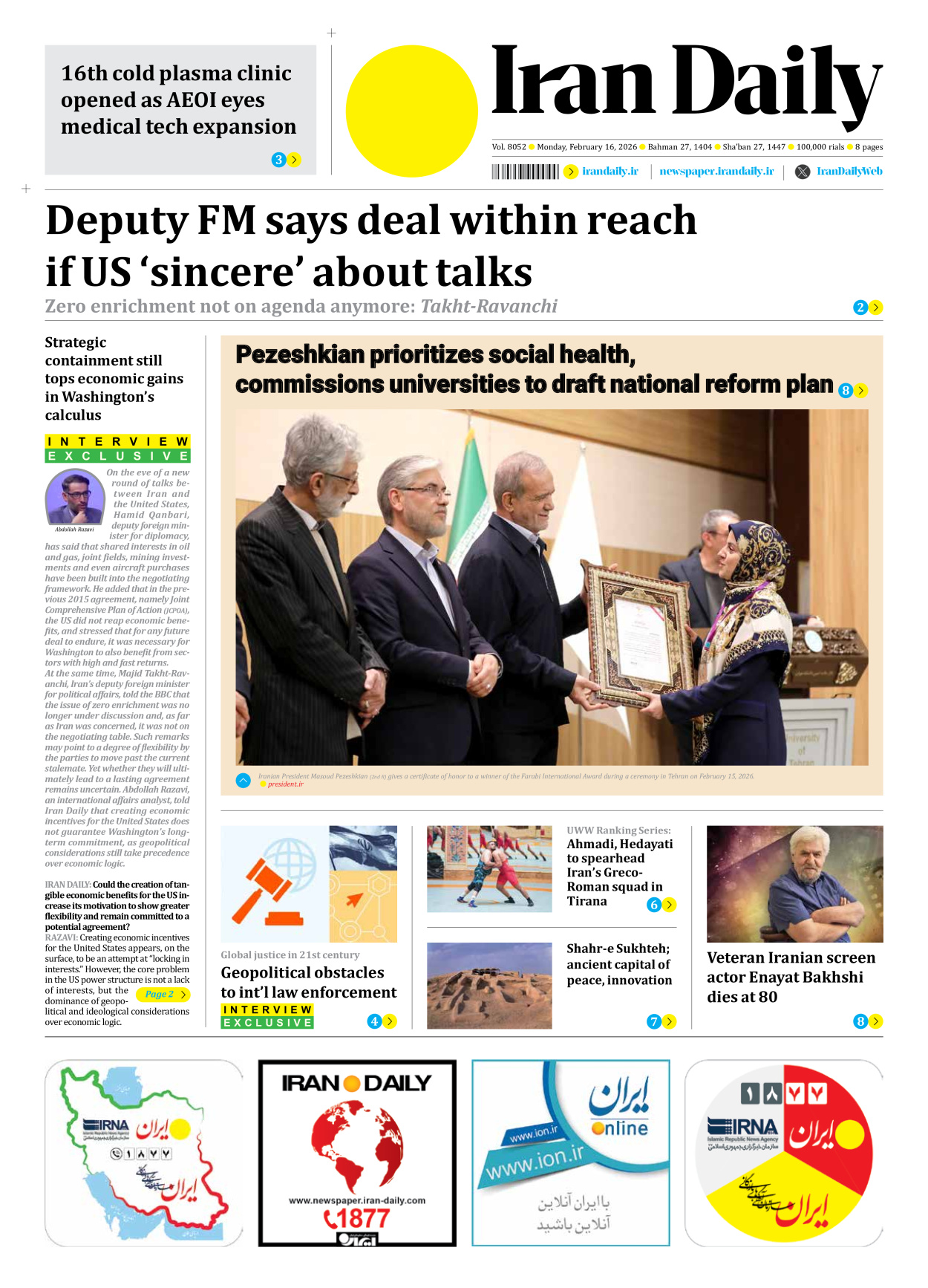 Iran Daily - Number Eight Thousand Fifty Two - 16 February 2026