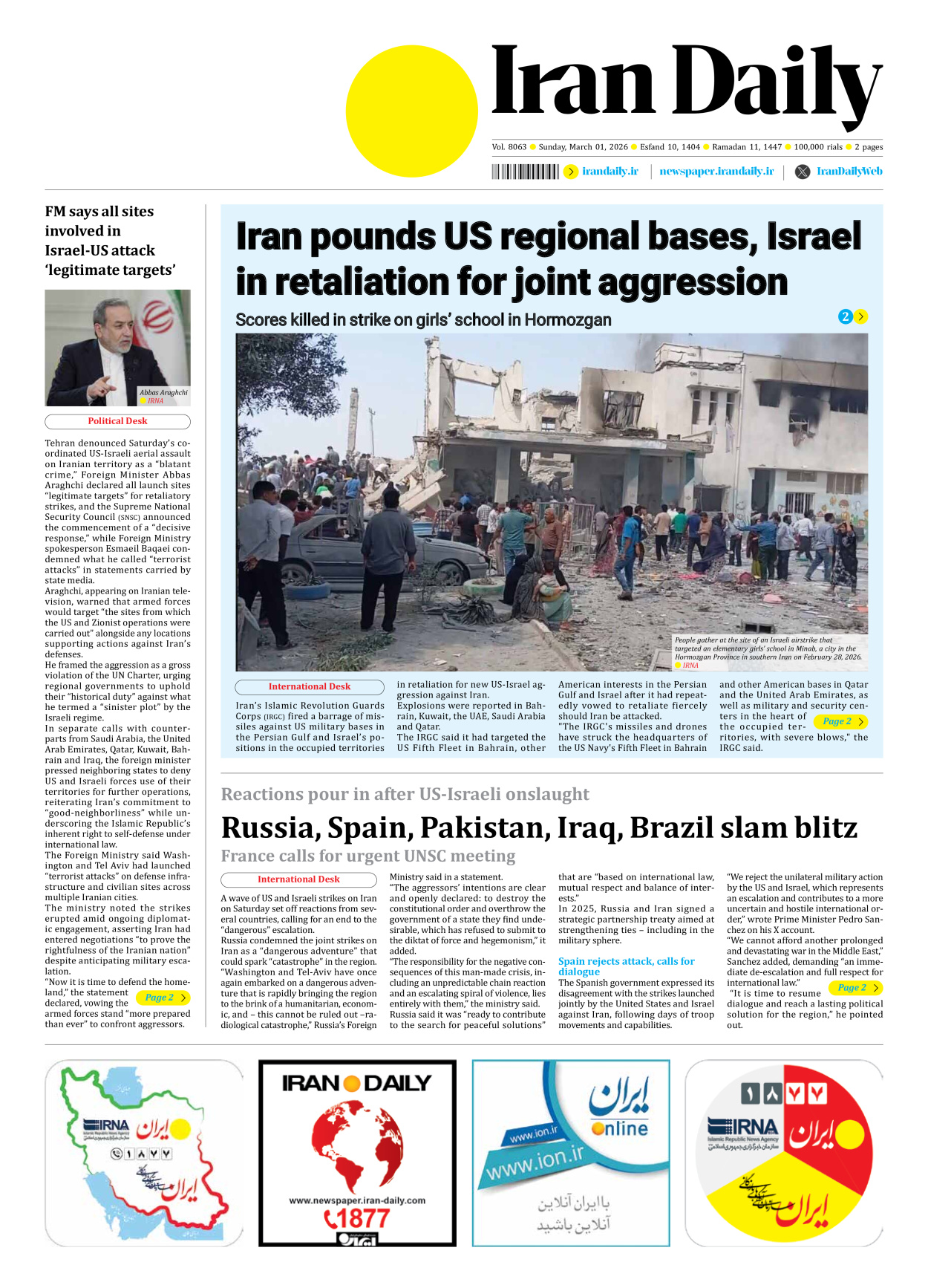 Iran Daily - Number Eight Thousand Sixty Three - 01 March 2026 - Page 1
