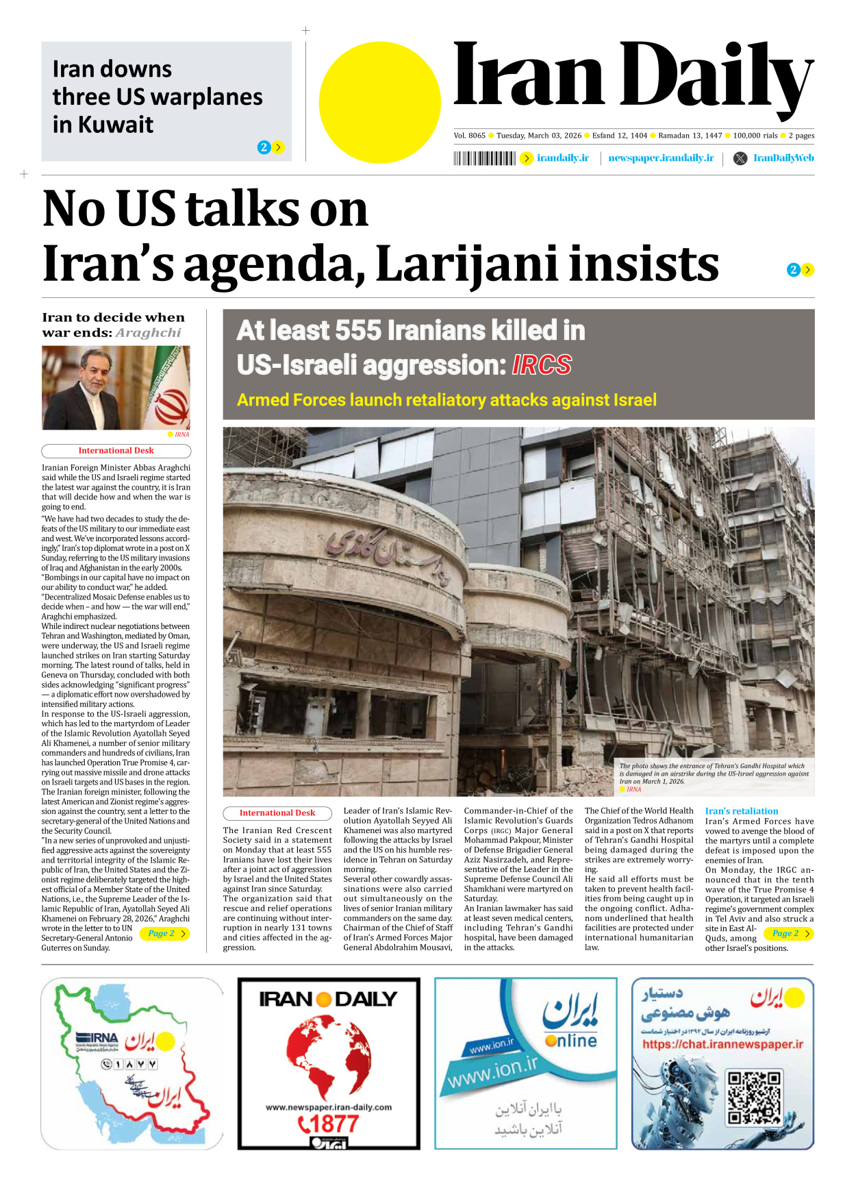 Iran Daily - Number Eight Thousand Sixty Five - 03 March 2026 - Page 1