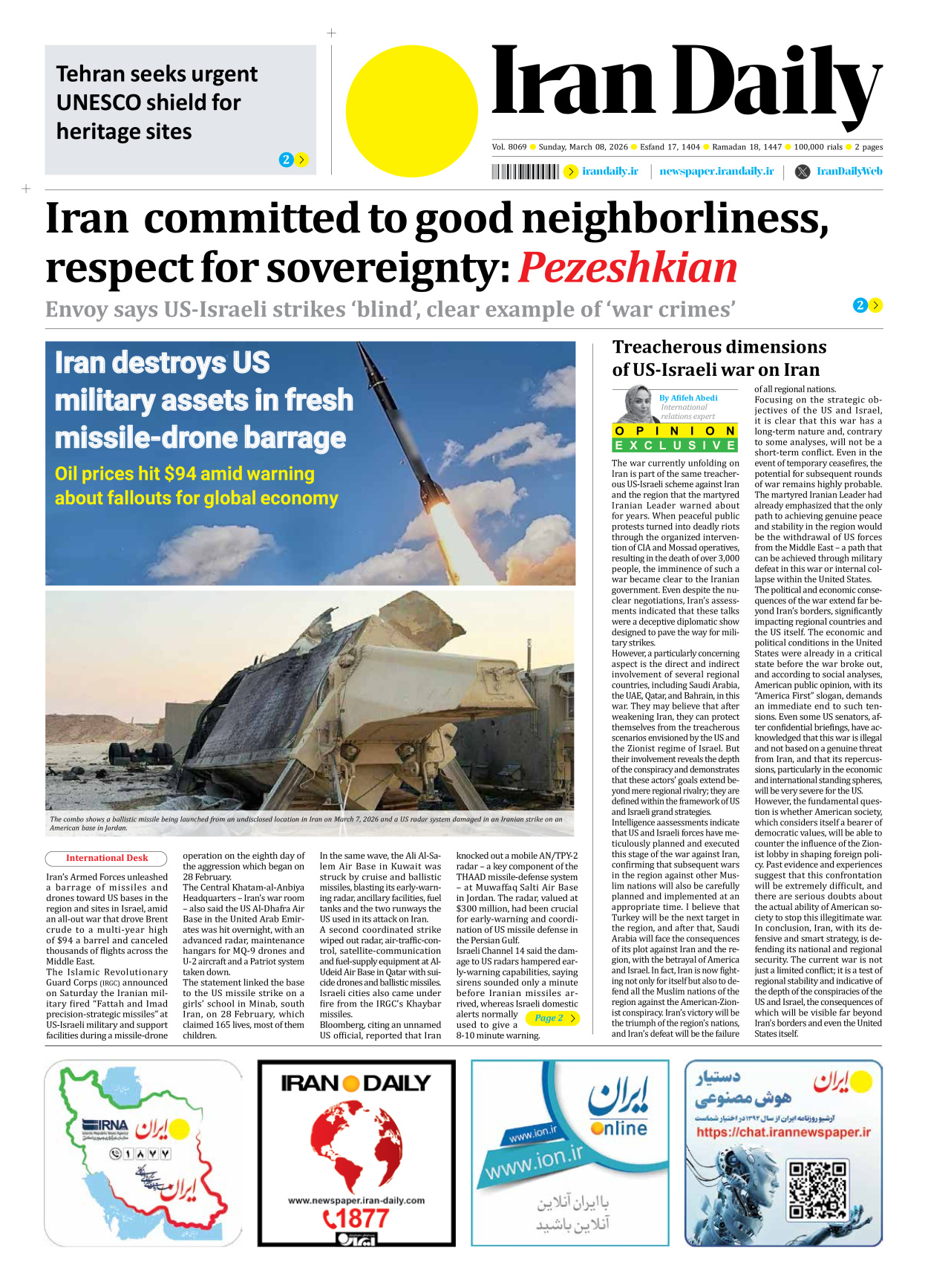 Iran Daily - Number Eight Thousand Sixty Nine - 08 March 2026